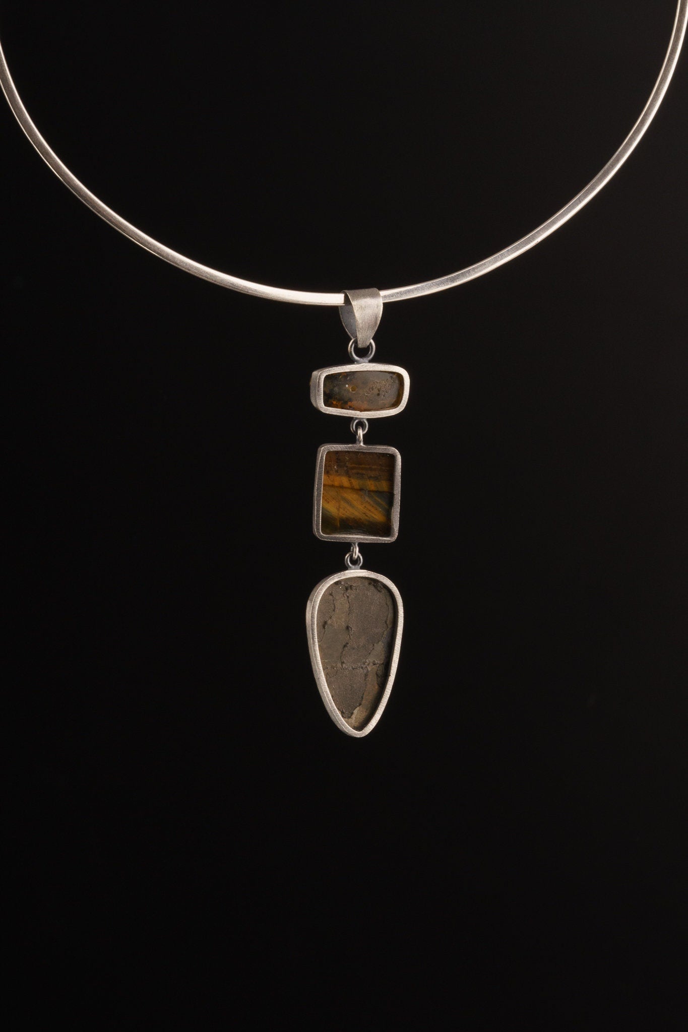 Three Stone Pyrite, Amber & Orange Kyanite - Textured 925 Sterling Silver - Crystal Pendant Neckpiece