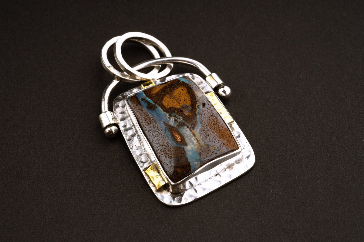 Big Australian Free Form Cabochon Boulder Opal - Natural Opal - Textured 925 Silver Setting - Crystal Pendant Neckpiece