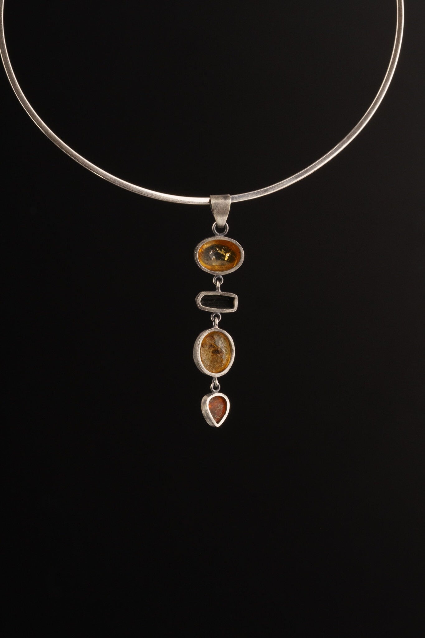 Earthy 4 Piece Ethiopian Opal And Black Tourmaline - Textured oxidised Sterling Silver - Crystal Pendant