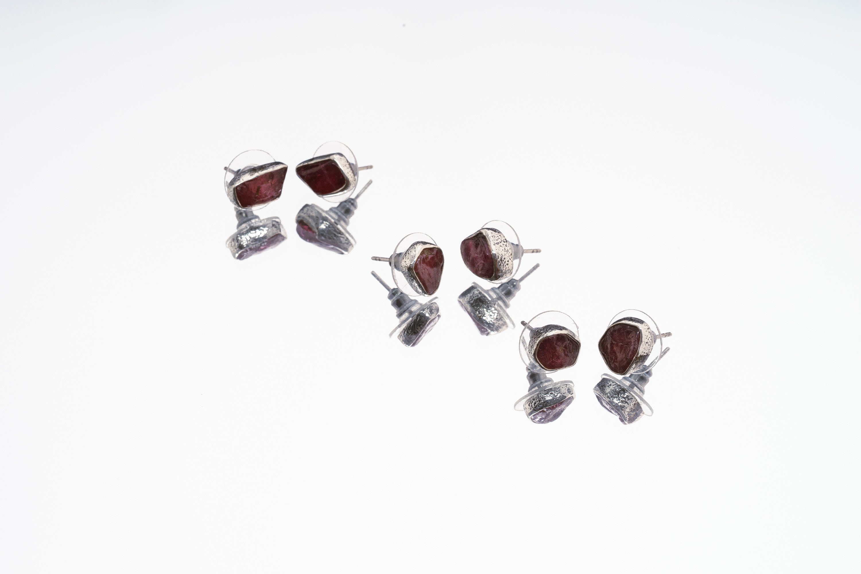 Rubellite Pink Tourmaline Studs - organic shaped Pair - Sterling Silver - Oxidised Textured Finish - Freeform Earring Studs