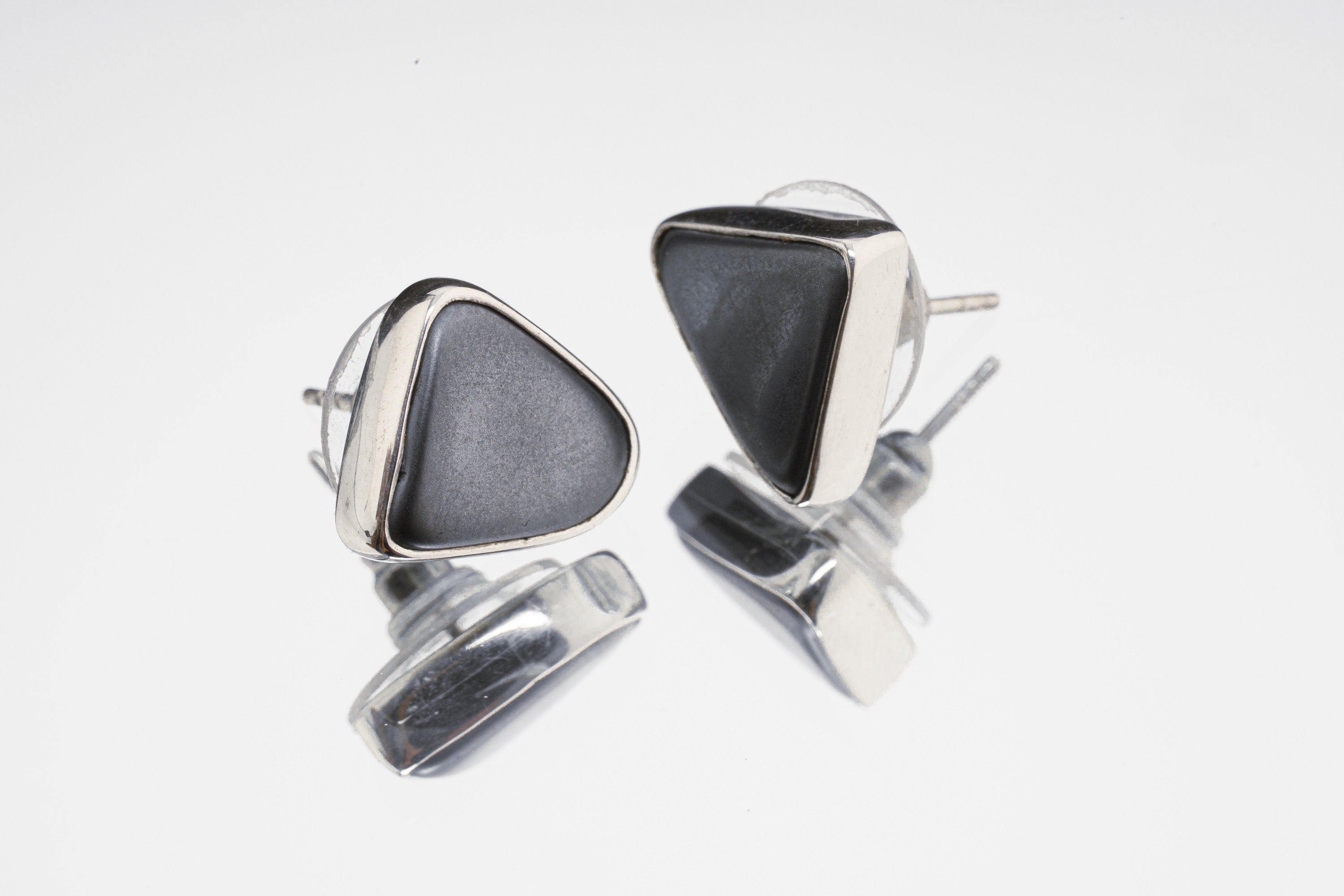 Hematite Stud - organic shaped Pair - Sterling Silver - Polished - Shiny Finish - Freeform Earring Studs