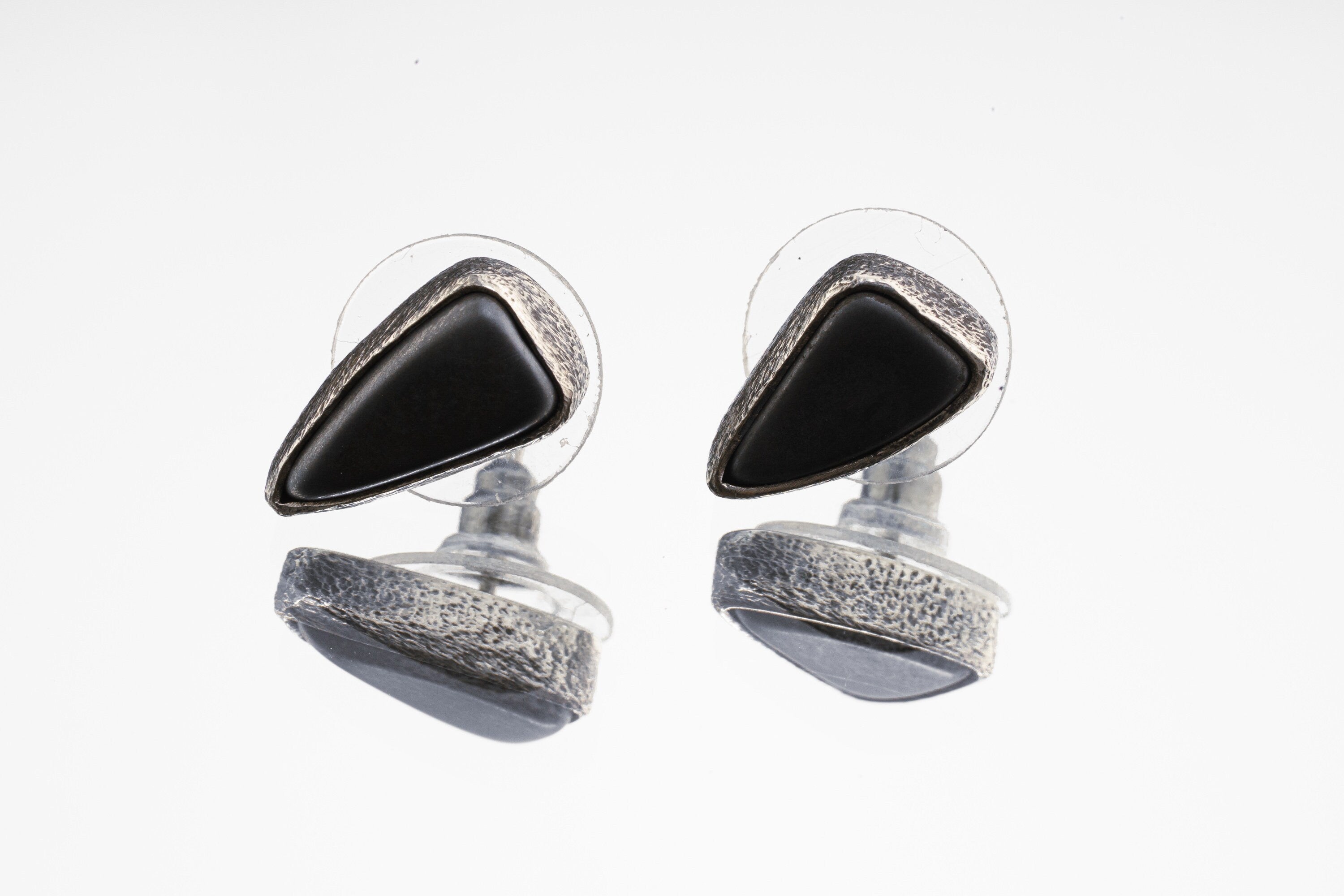 Hematite Stud- Textured Finish - organic shaped Pair - Sterling Silver - Freeform Earring Studs