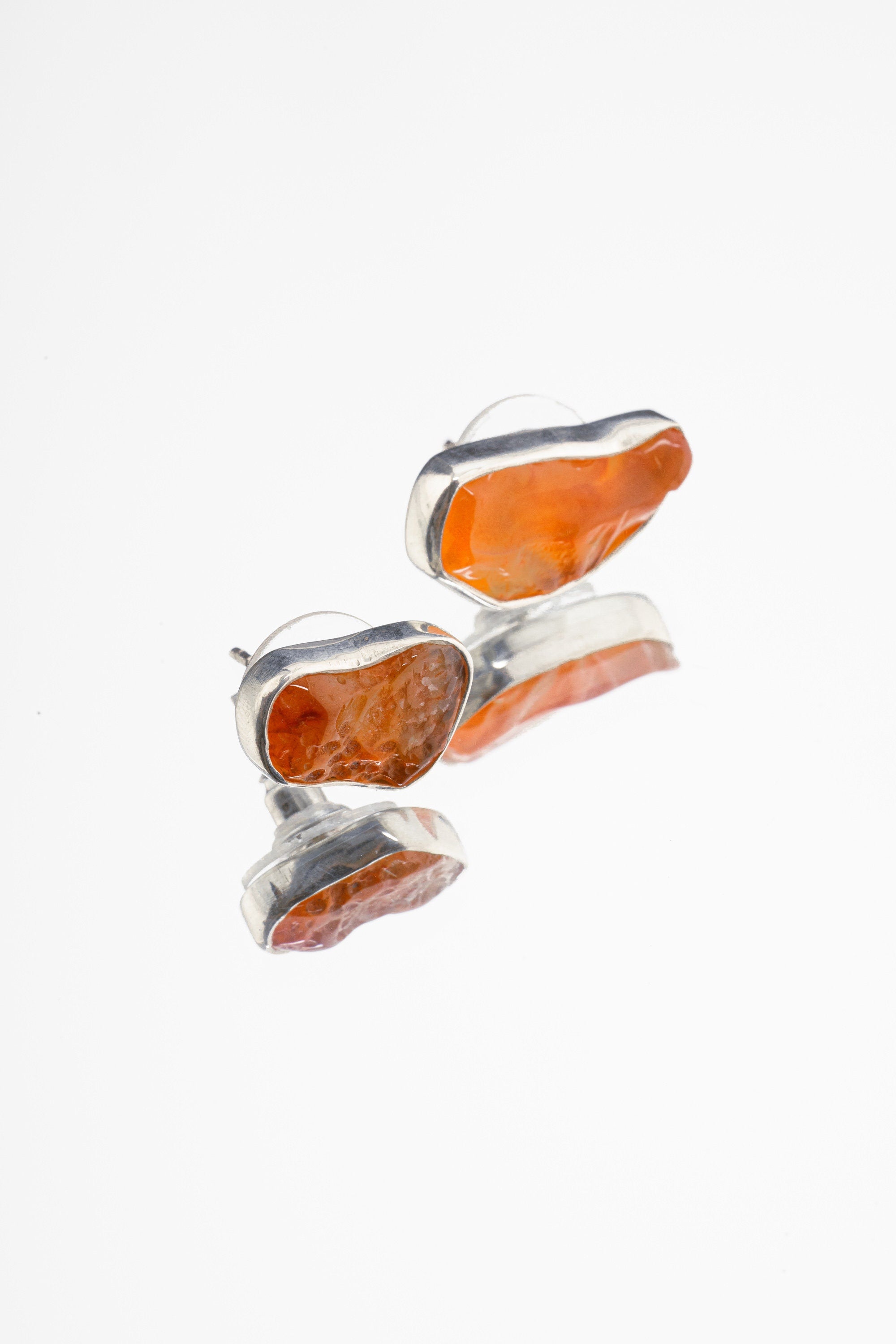 Organic shaped Carnelian Agate Pair- Sterling Silver - Polished Finish - Freeform Earring Studs
