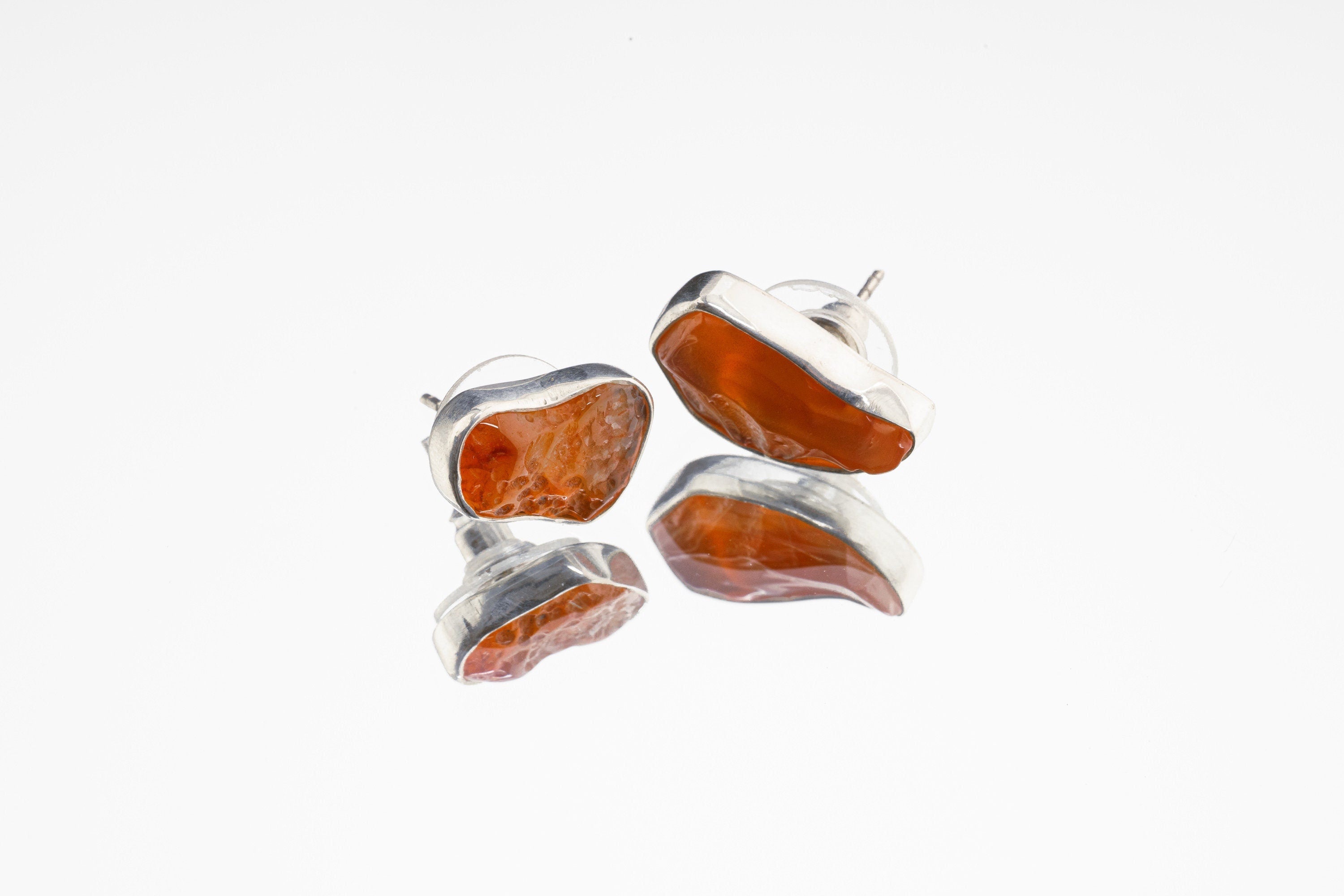 Organic shaped Carnelian Agate Pair- Sterling Silver - Polished Finish - Freeform Earring Studs