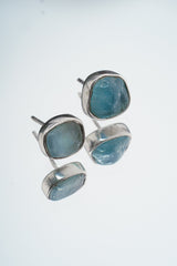 Organic shaped Gem Aquamarine Pair- Sterling Silver - Polished Finish - Freeform Earring Studs