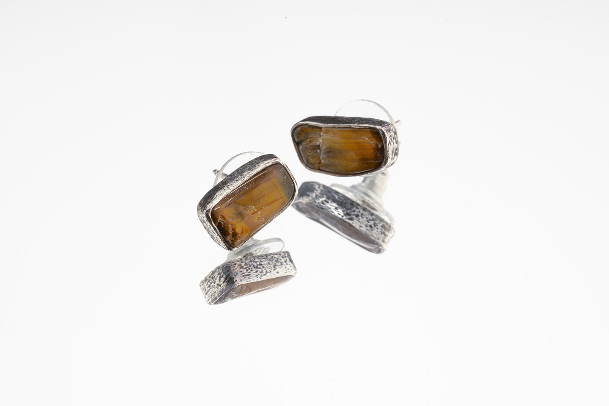 Tigers Eye Stud - Textured Finish - organic shaped Pair- Sterling Silver - Freeform Earring Studs