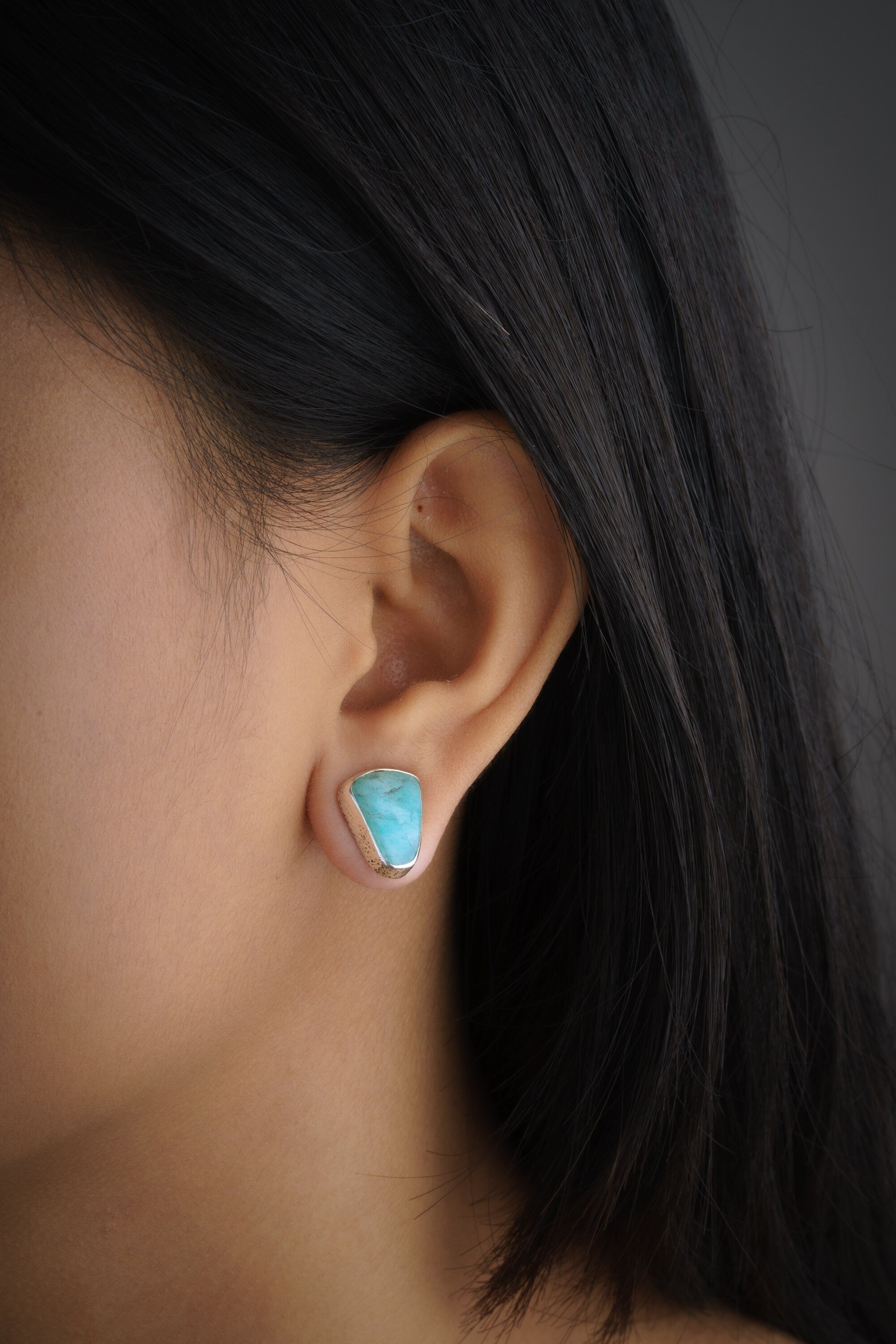 Gem Chrysocolla - Textured Finish - organic shaped Pair- Sterling Silver - Freeform Earring Studs