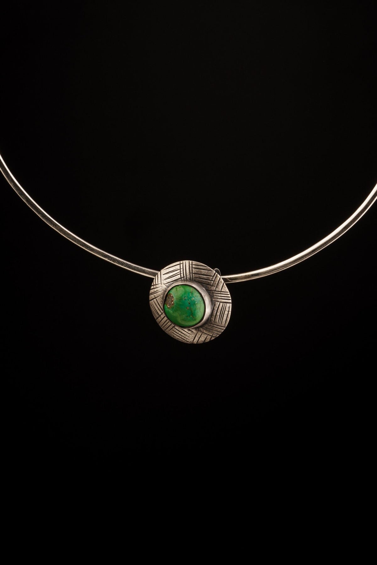 Chunky Green American Turquoise on crisscrossed Shield - Stack Pendant textured & oxidised - 925 sterling silver - Crystal Necklace