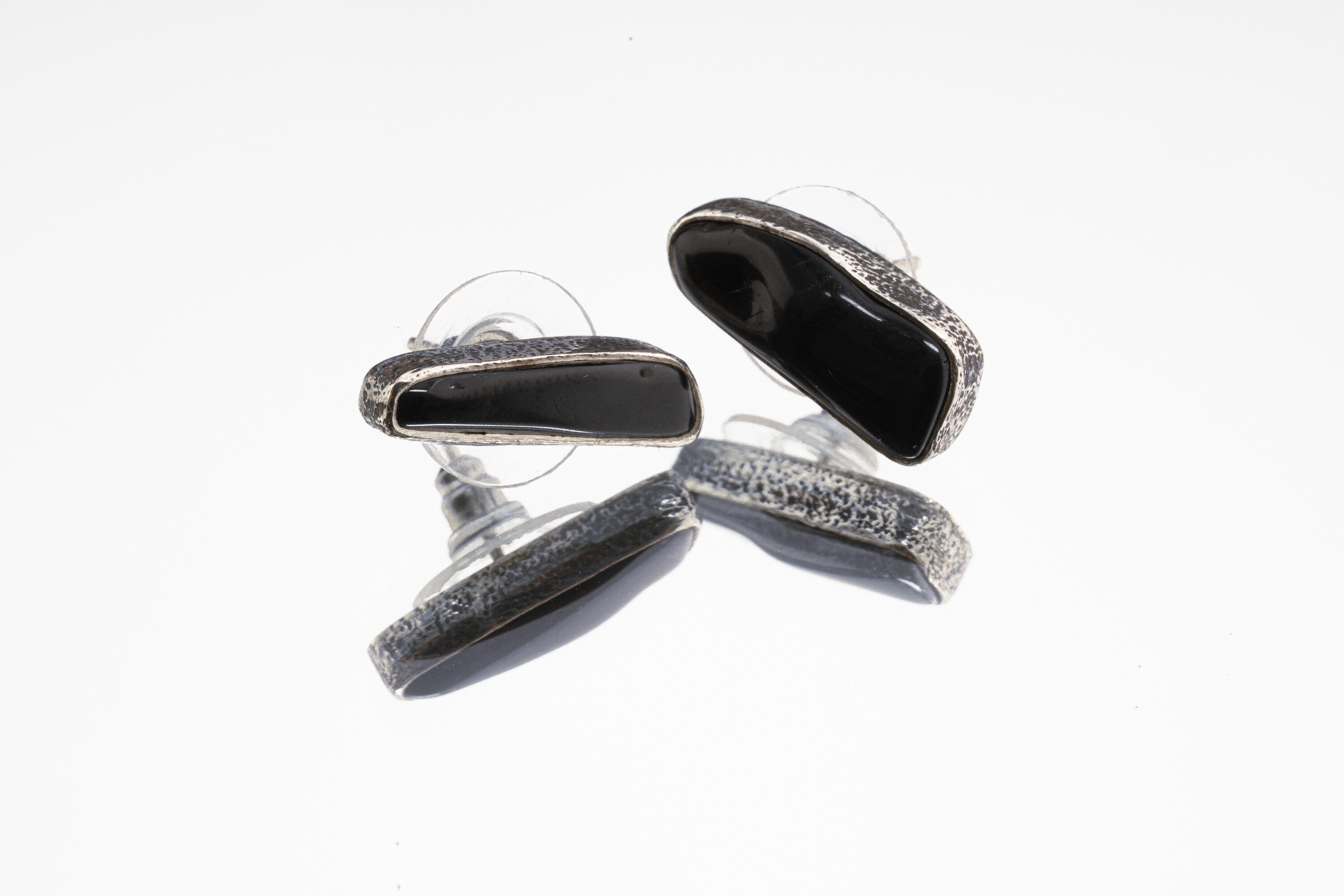 Onyx Stud - Textured Finish - organic shaped Pair - Sterling Silver - Freeform Earring Studs