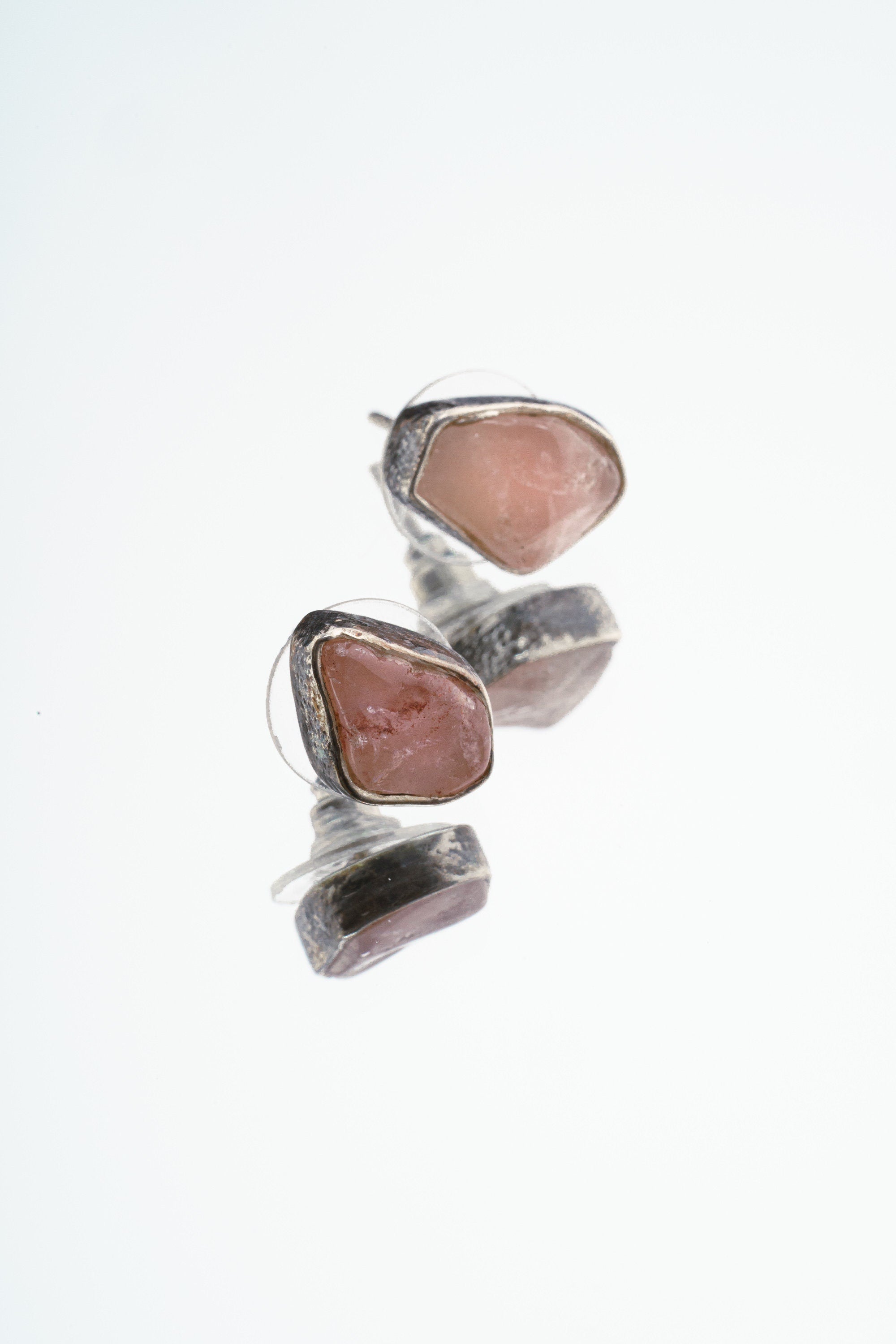Rose Quartz Stud - organic shaped Pair - Sterling Silver - Oxidised & Textured Finish - Freeform Earring Studs