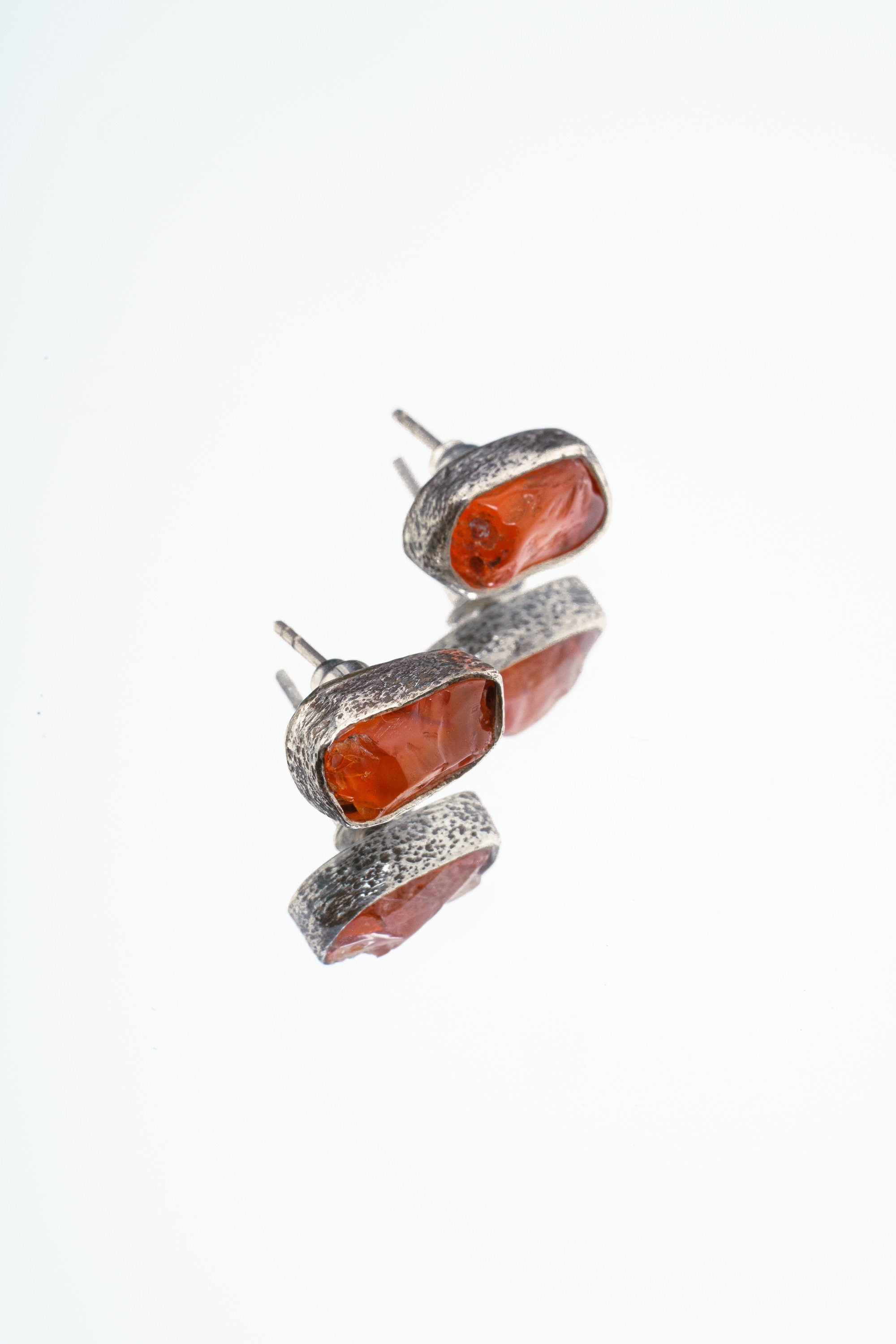 Organic shaped Carnelian Agate Pair- Textured Finish - Sterling Silver - Freeform Earring Studs