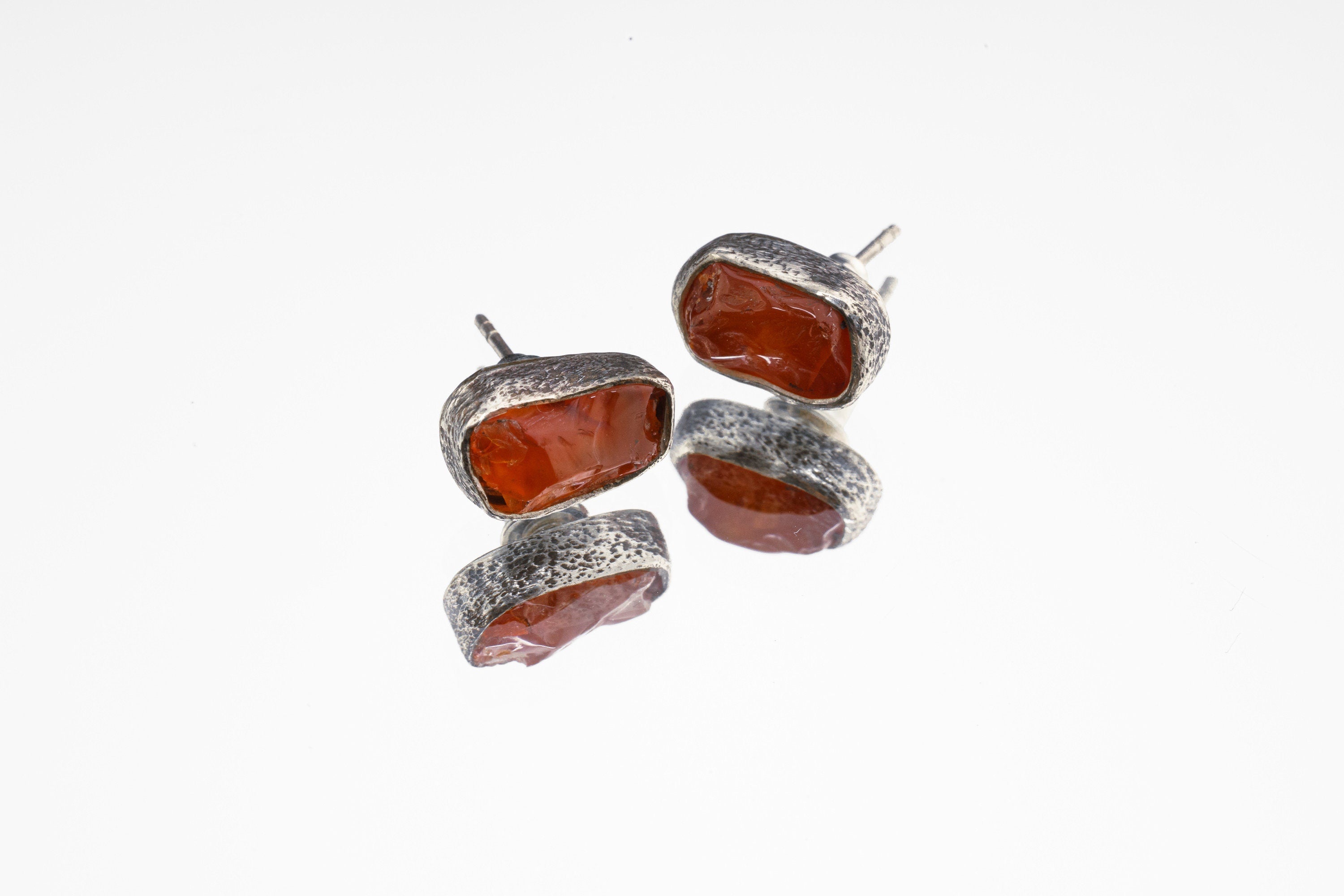 Organic shaped Carnelian Agate Pair- Textured Finish - Sterling Silver - Freeform Earring Studs