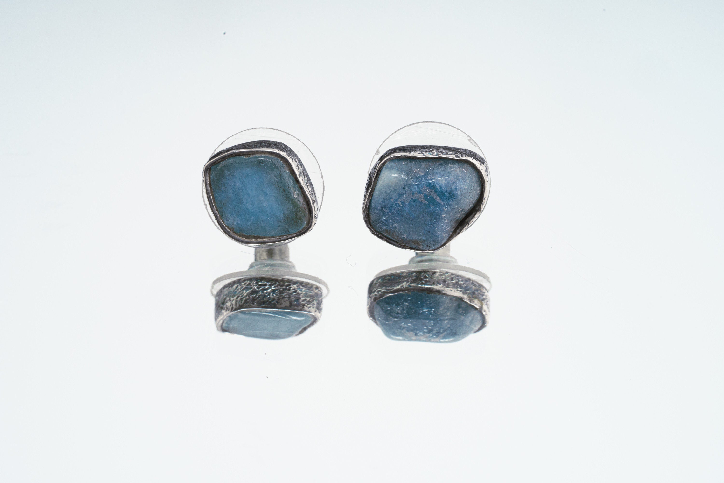 Organic shaped Gem Aquamarine Pair- Textured Finish - Sterling Silver -- Freeform Earring Studs