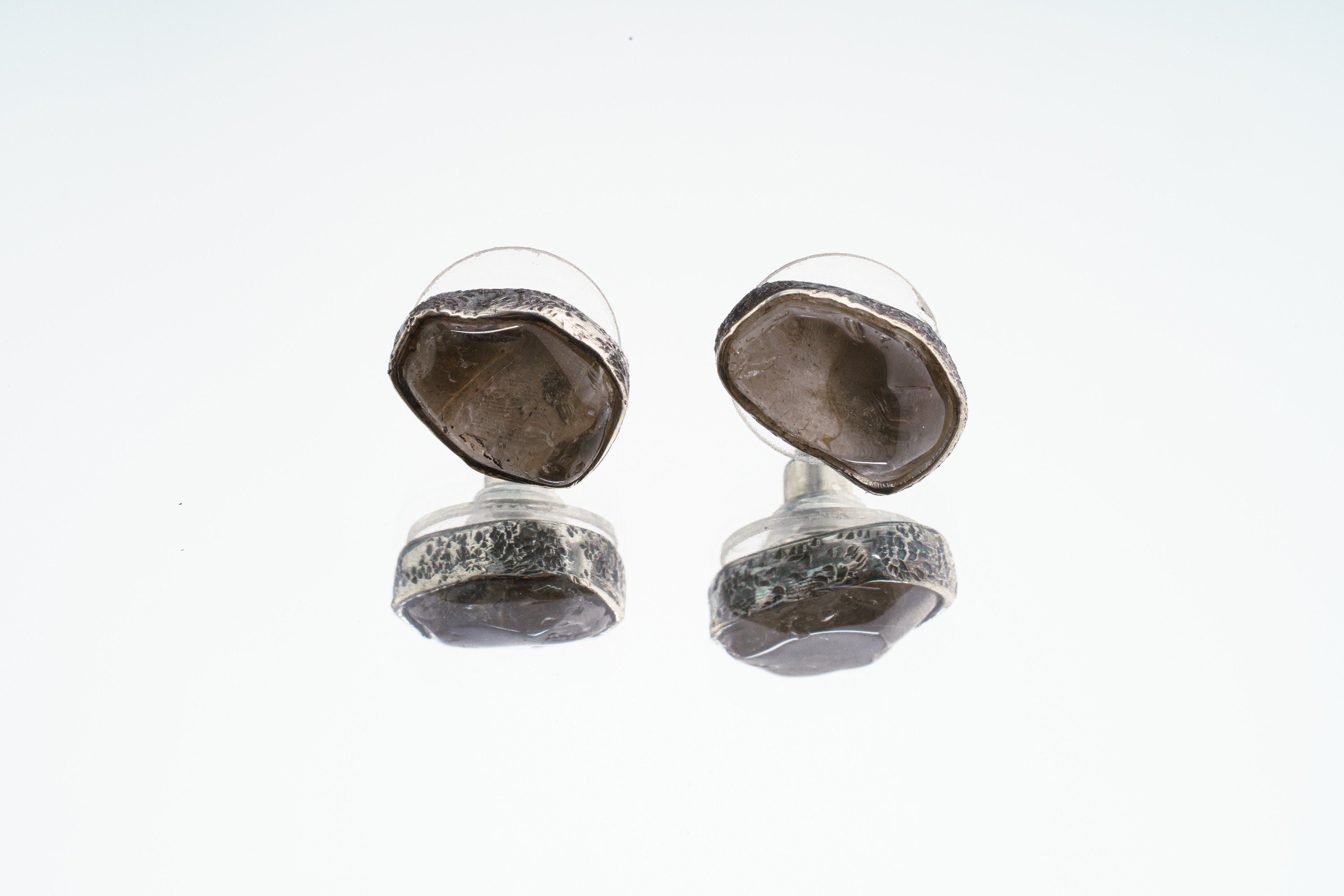Smoky Quartz Stud -Textured Finish - organic shaped Pair- Sterling Silver - Freeform Earring Studs