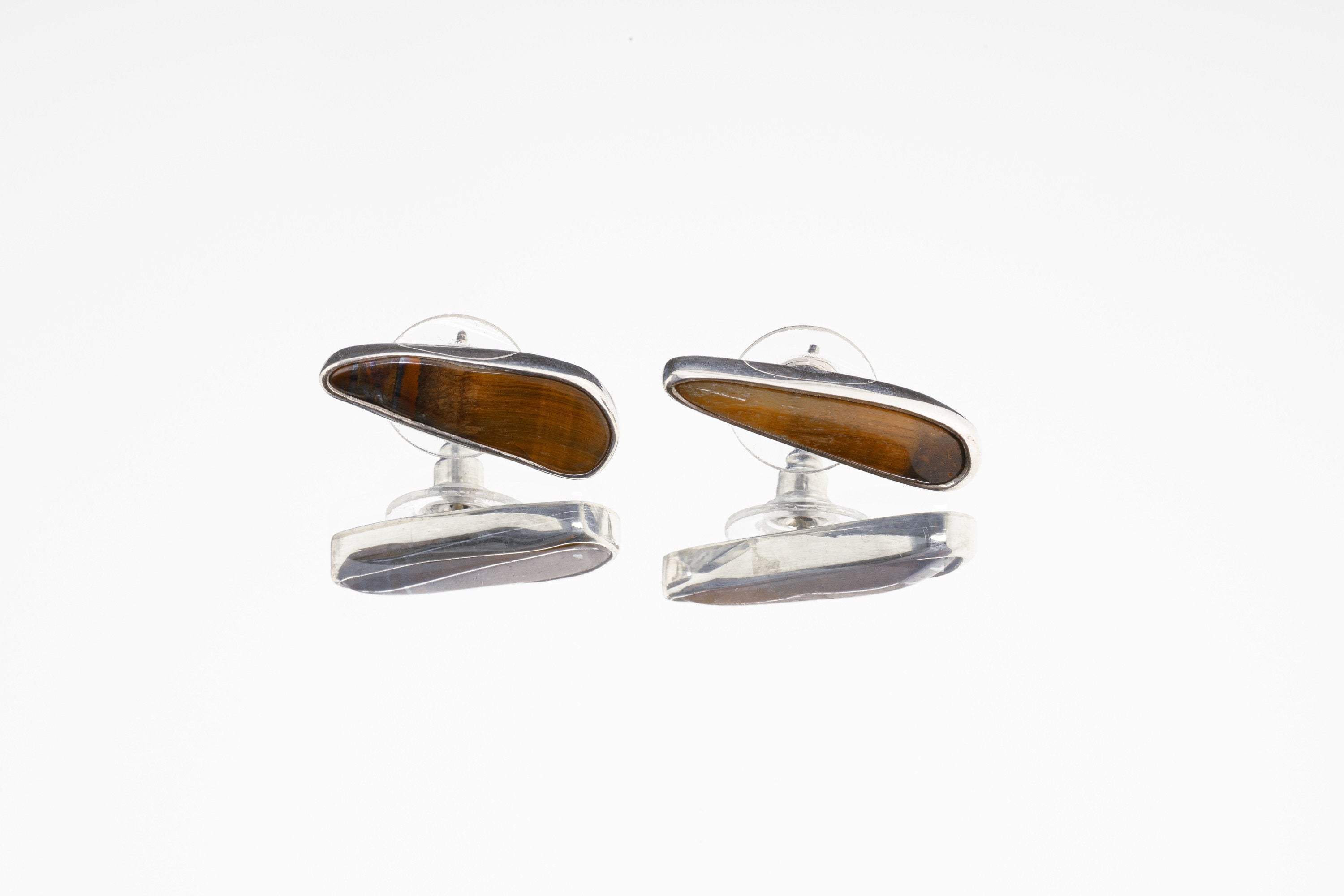 Tigers Eye Stud - organic shaped Pair- Sterling Silver - Polished Finish - Freeform Earring Studs