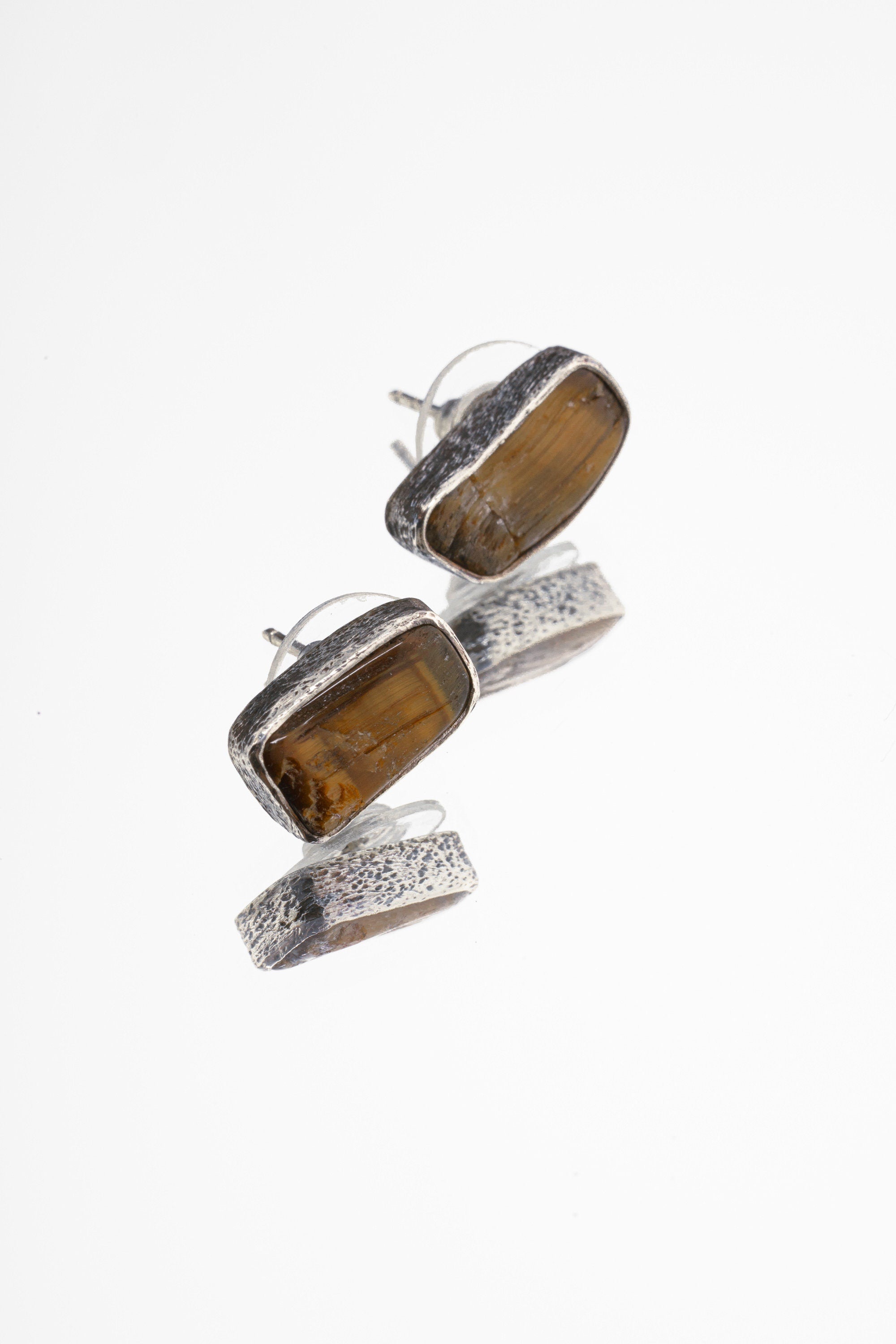 Tigers Eye Stud - Textured Finish - organic shaped Pair- Sterling Silver - Freeform Earring Studs