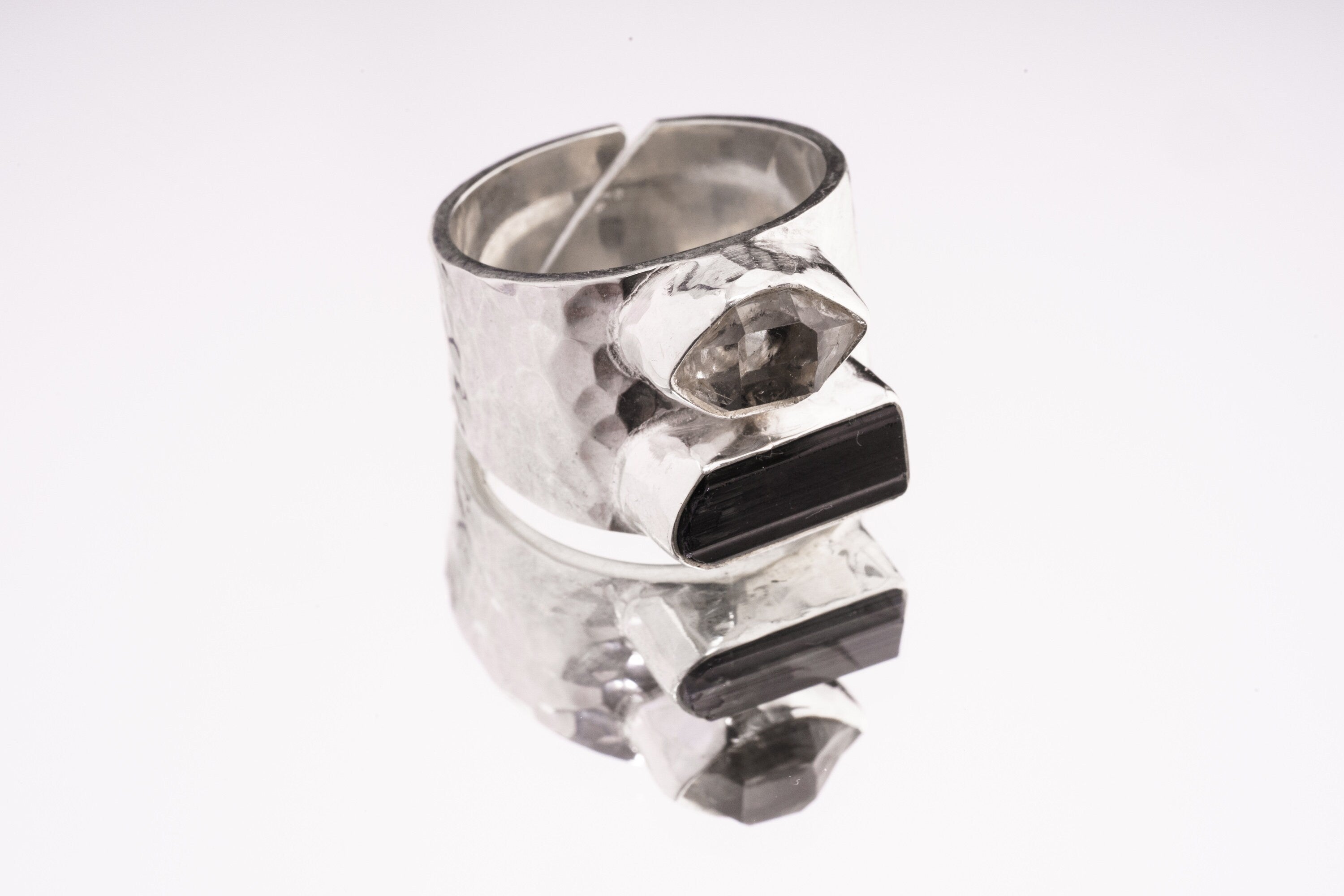 Raw Black Tourmaline & Herkimer Diamond - Men's Rings / Adjustable - Sterling Silver - Hammer Textured Finish