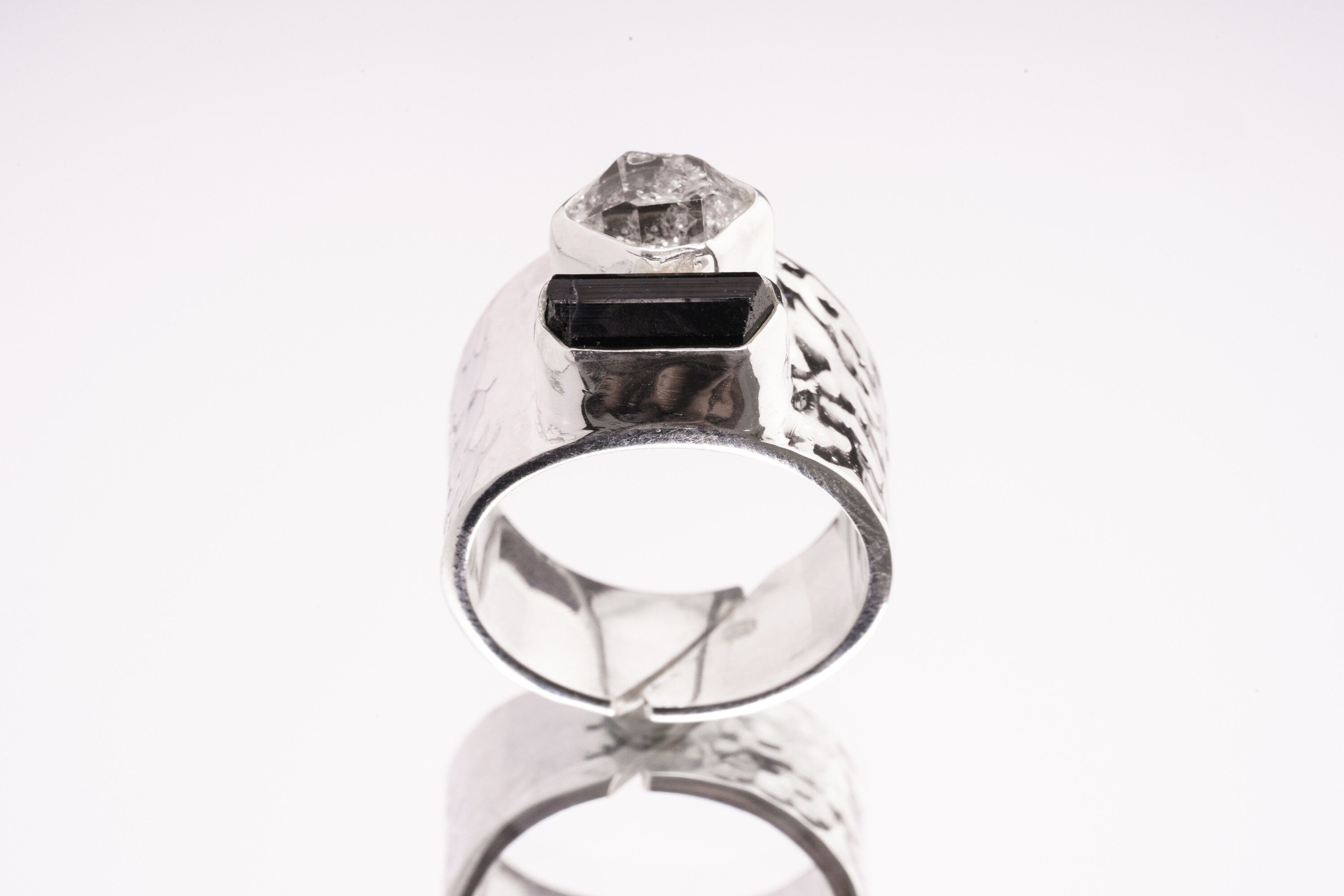 Raw Black Tourmaline & Herkimer Diamond - Men's Rings / Adjustable - Sterling Silver - Hammer Textured Finish