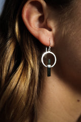 Raw Black / Dark green Gemmy Tourmaline - Circle portal textured - Sterling Silver hook dangle Earrings
