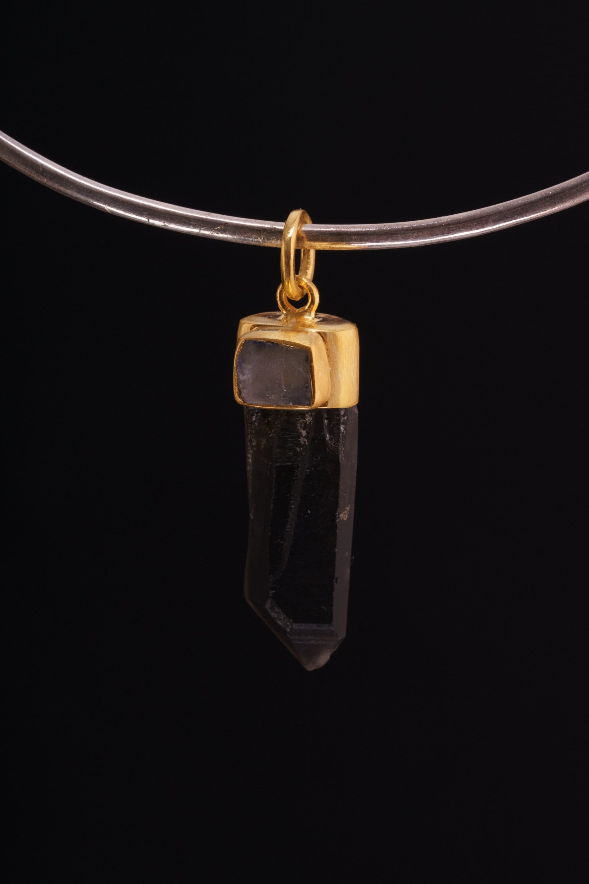 Dark Smokey Lemurian specialty Quartz point with a Raw Blue Moonstone - Gold Plated Sterling Silver - Crystal Necklace Pendant 7