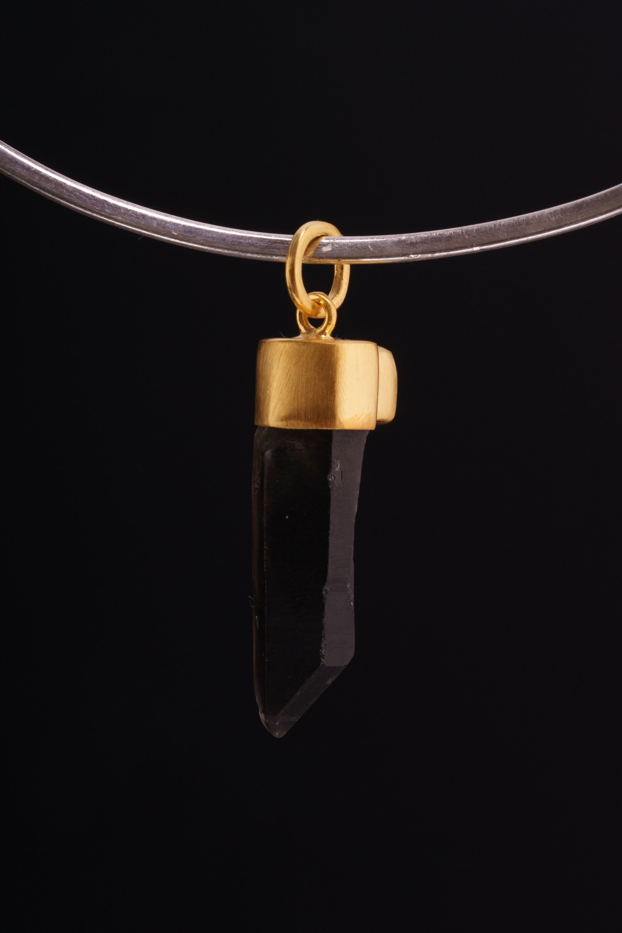 Dark Smokey Lemurian specialty Quartz point with a Raw Blue Moonstone - Gold Plated Sterling Silver - Crystal Necklace Pendant 7