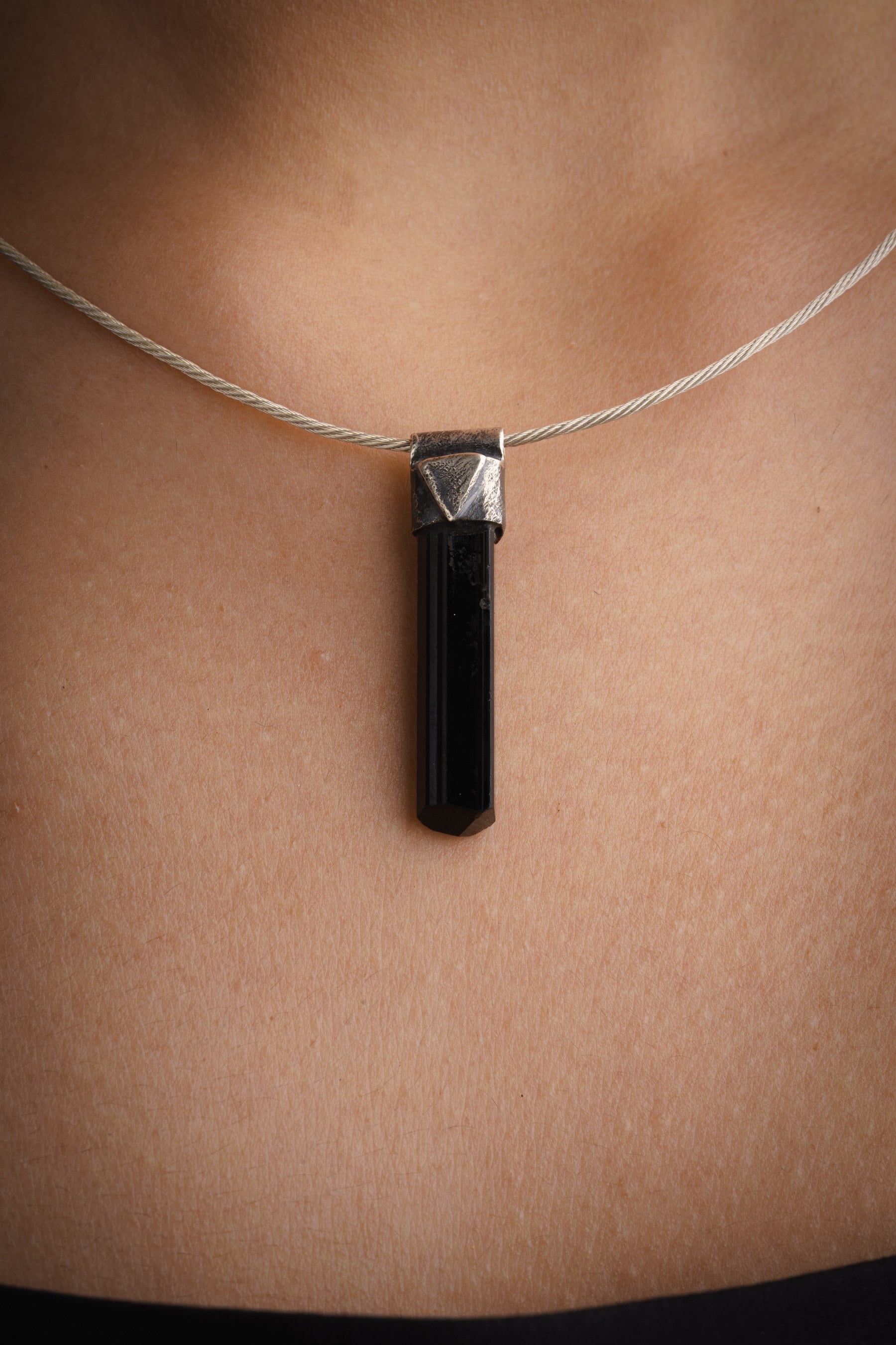 Black TERMINATED Tourmaline SPECIMEN - Stack Pendant textured & oxidised - 925 sterling silver - Crystal Necklace