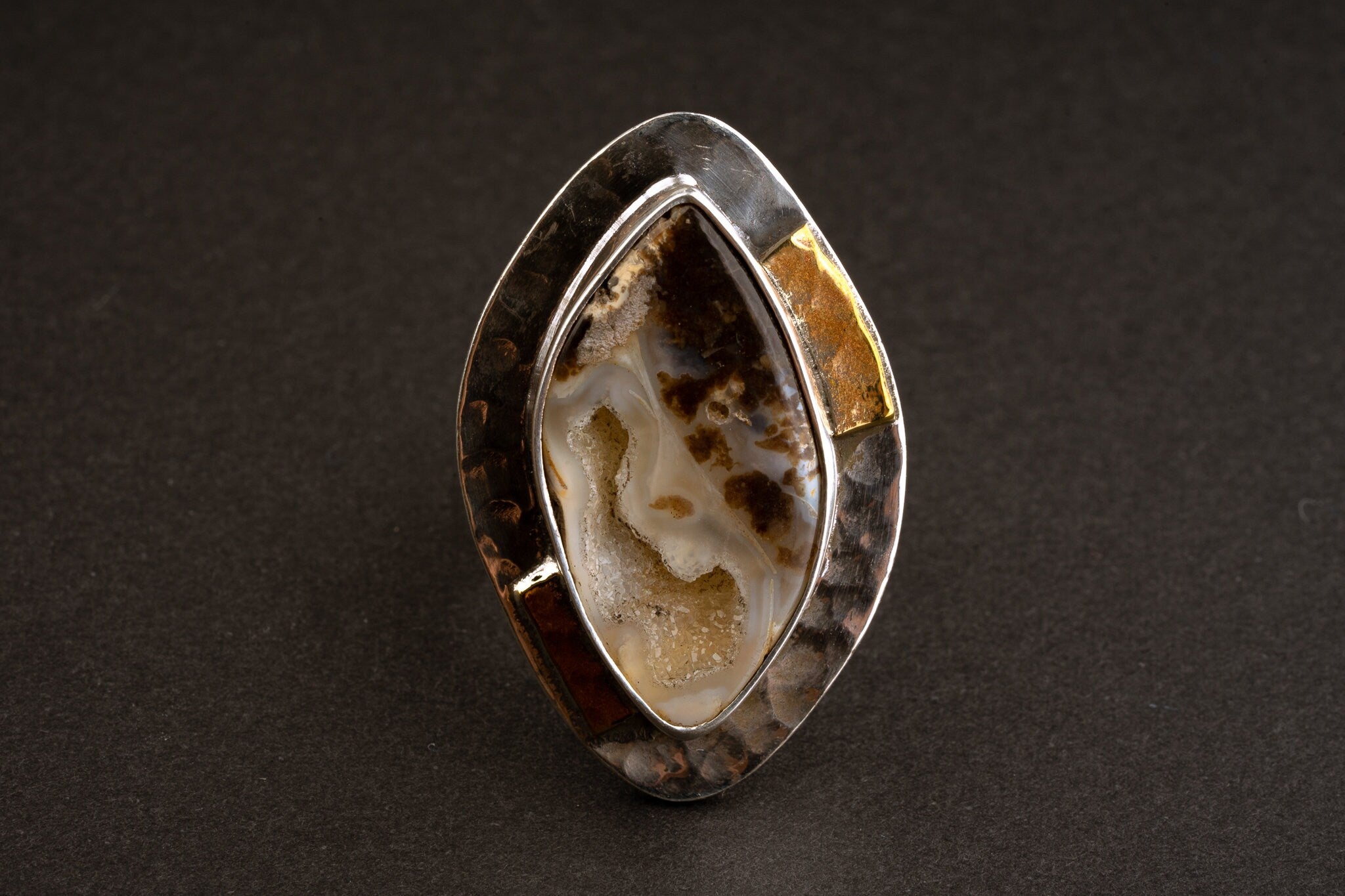 Ammonite Fossilised Shell slice Ring - Adjustable Crystal Ring - Textured Band and bezel - Abstract brass dressing - Size 4 - 10 US