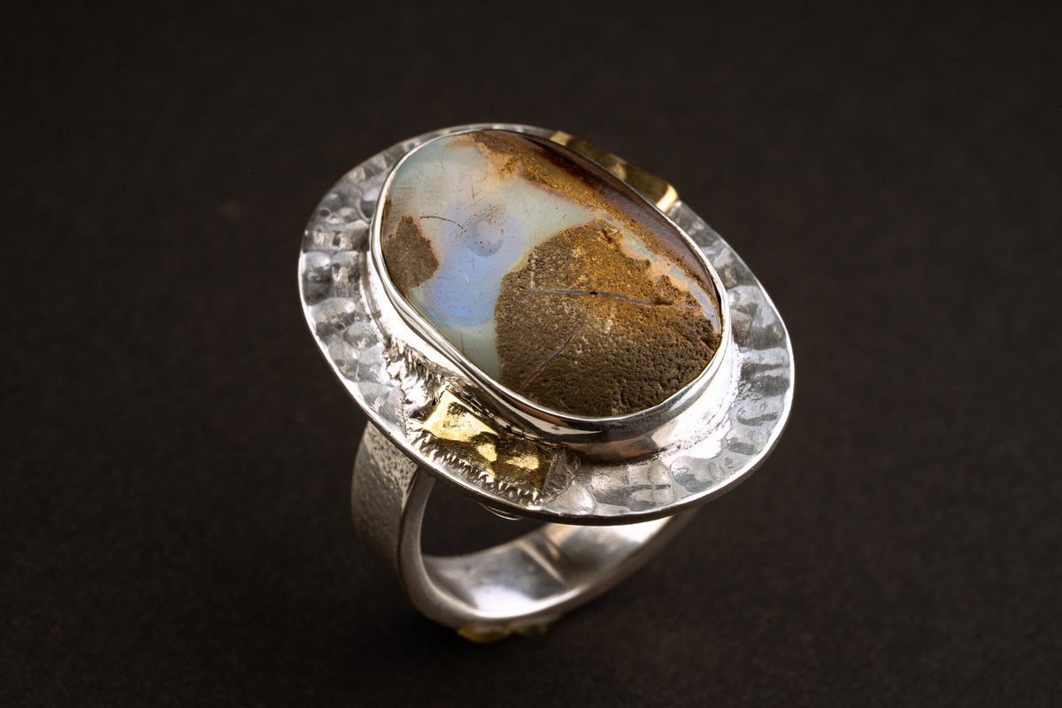 Australian Boulder Opal Ring - Adjustable Crystal Ring - Textured Band and bezel - Abstract brass dressing - Size 4 - 10 US