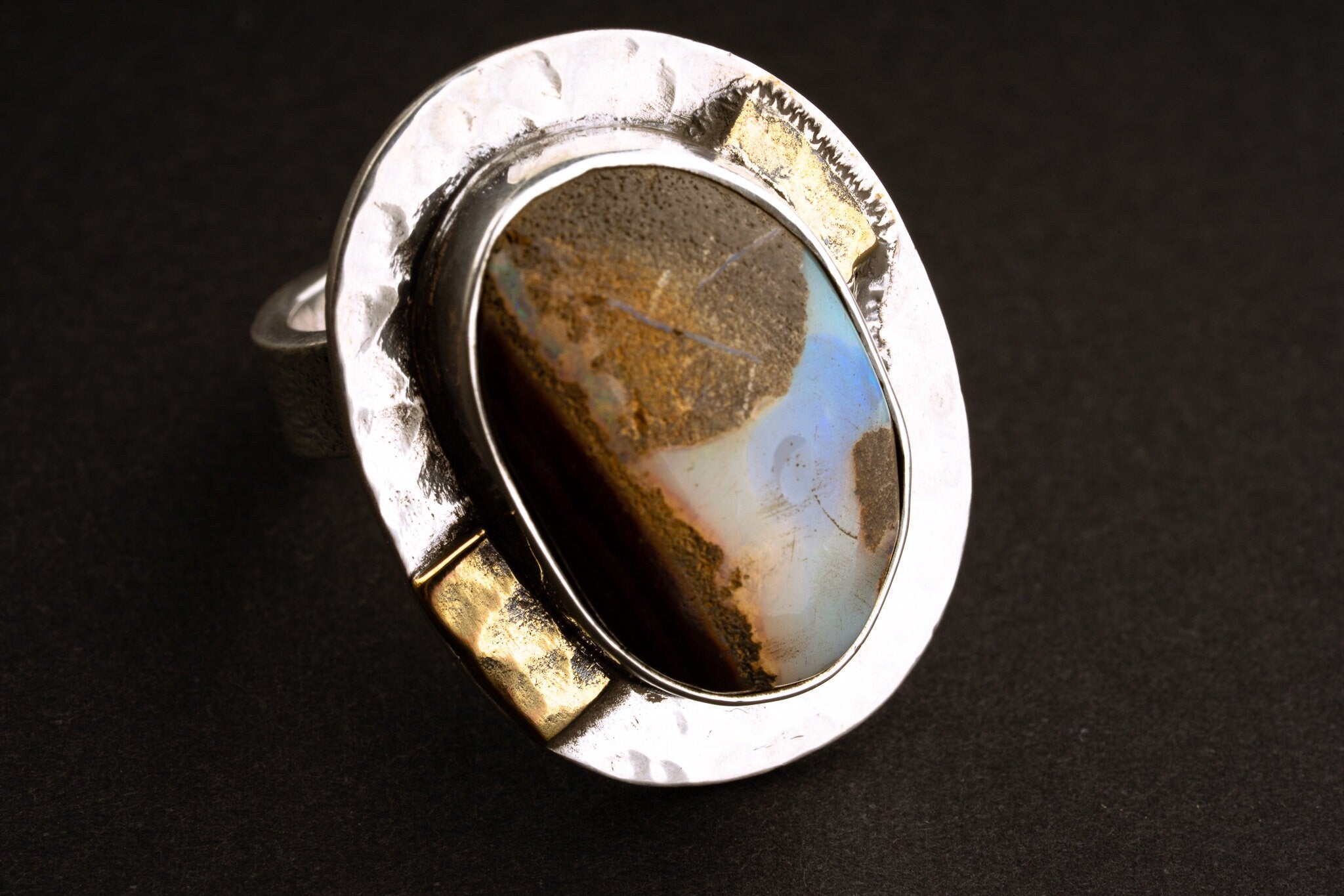Australian Boulder Opal Ring - Adjustable Crystal Ring - Textured Band and bezel - Abstract brass dressing - Size 4 - 10 US