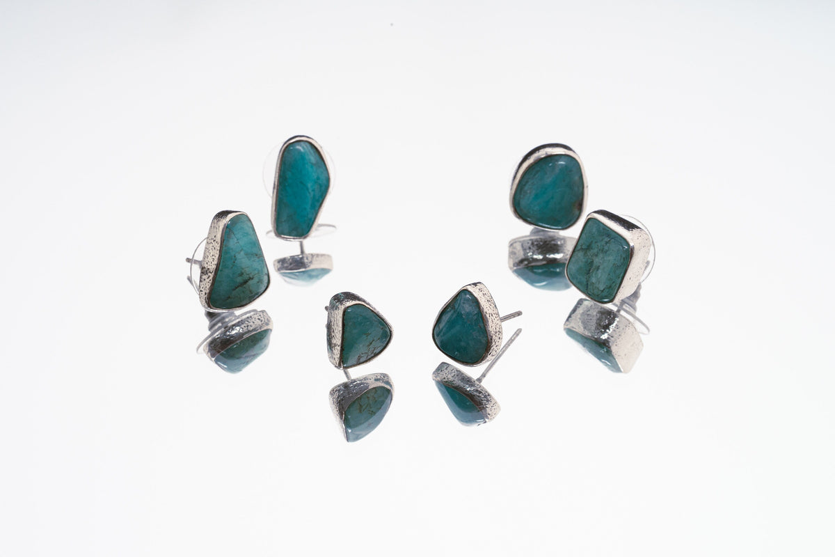 Gem Chrysocolla - Textured Finish - organic shaped Pair- Sterling Silver - Freeform Earring Studs