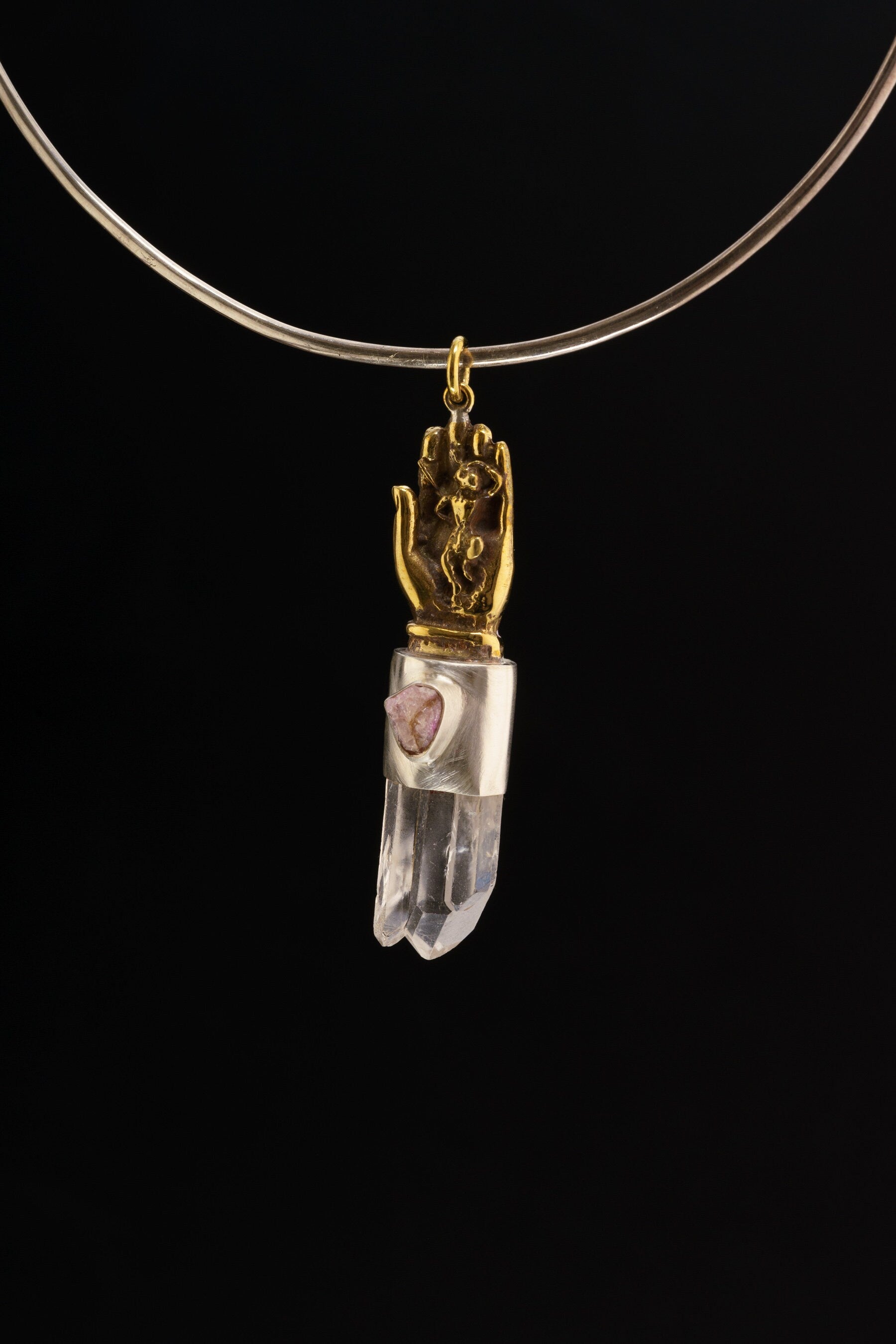 Chunky Twin Terminated Window Quartz & Amethyst Druzy - Brushed Sterling Silver set - Brass Monkey King in Buddhas Hand - Crystal Pendant