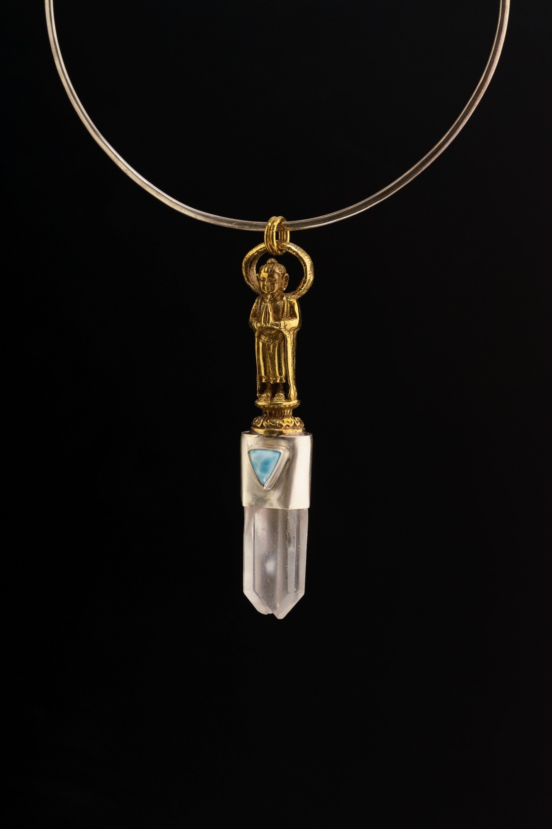 Clear Double Terminated Twin Stacked Quartz & Larimar - Brushed Sterling Silver - Brass Cast Big Bali Buddha - Crystal Pendant