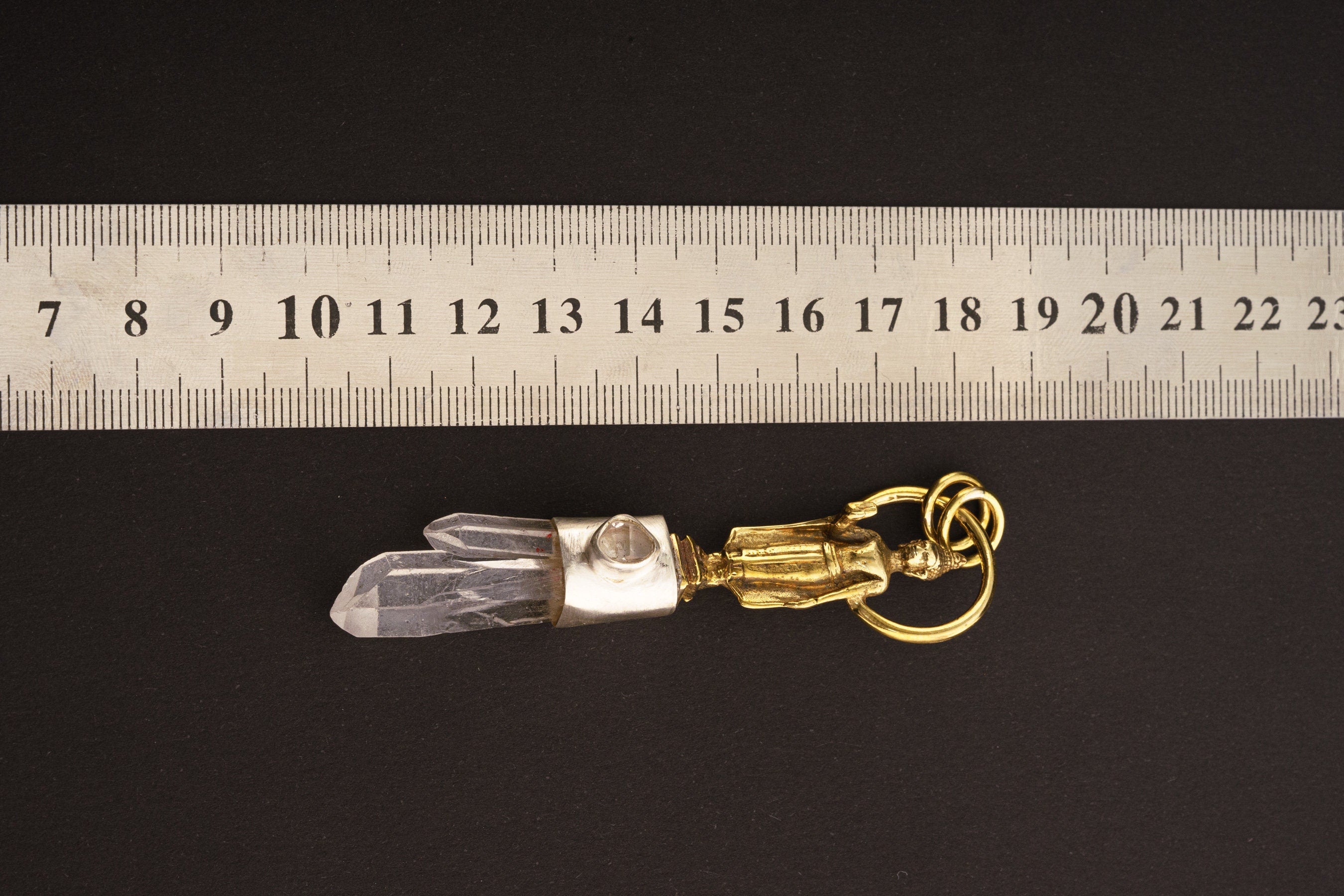 Himalayan Twin Quartz & Herkimer Diamond - Brushed Sterling Silver - Brass Cast Buddha - Crystal Pendant