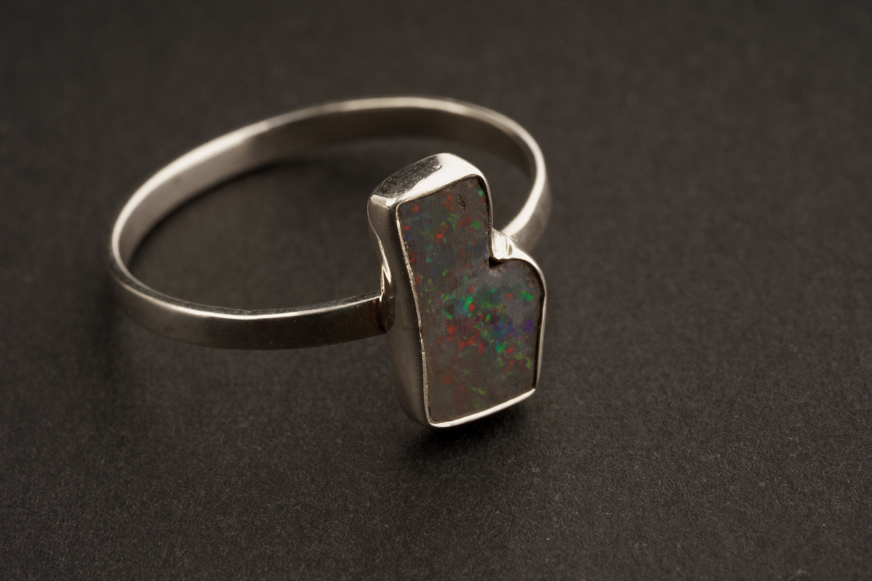 Black Australian Opal Doublet - Size 6 3/4 US - Textured Sterling Silver Ring