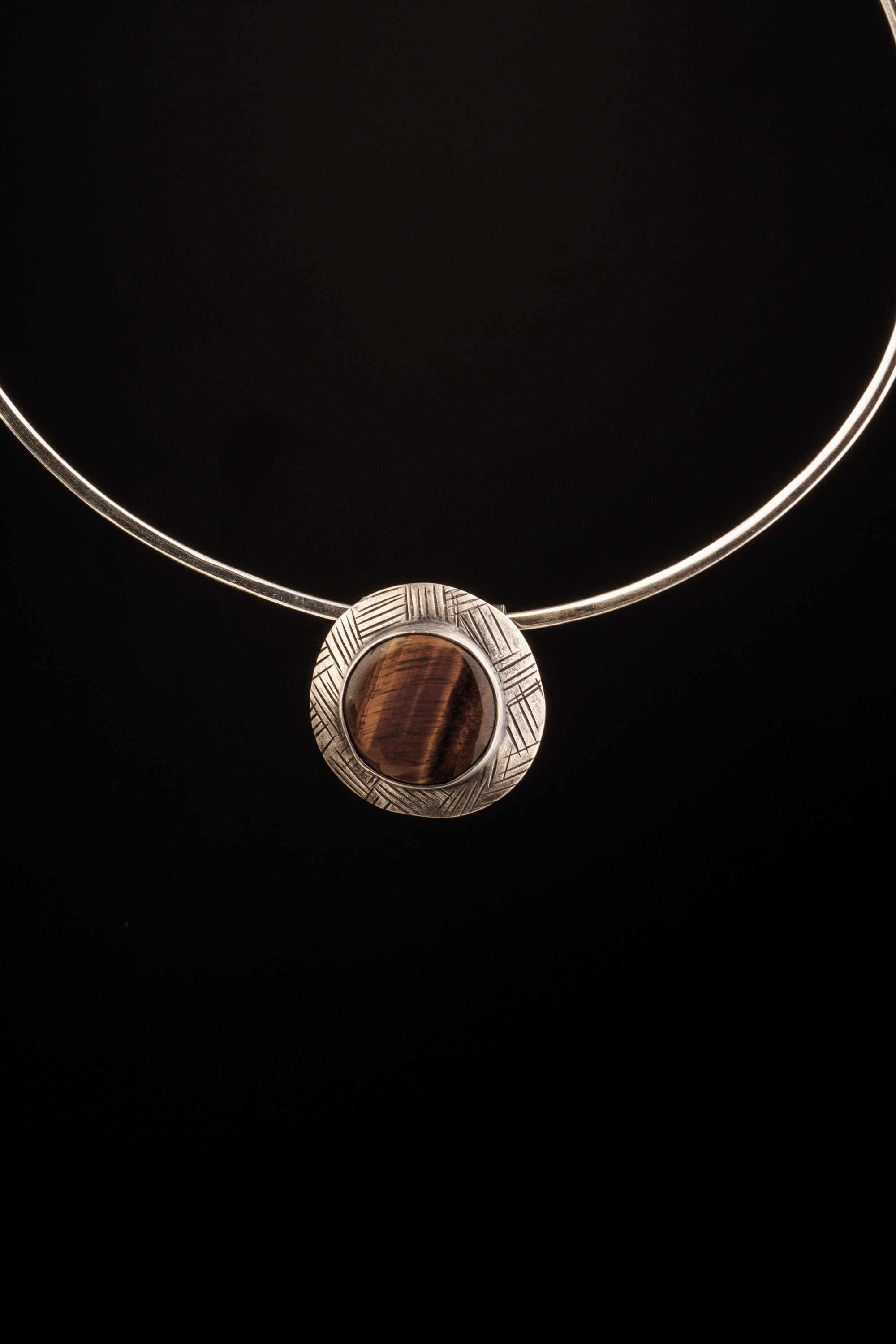 Round Tiger Eye Cabochon - Stack Pendant - Crisscrossed textured & oxidised - Sterling Silver - Crystal Necklace
