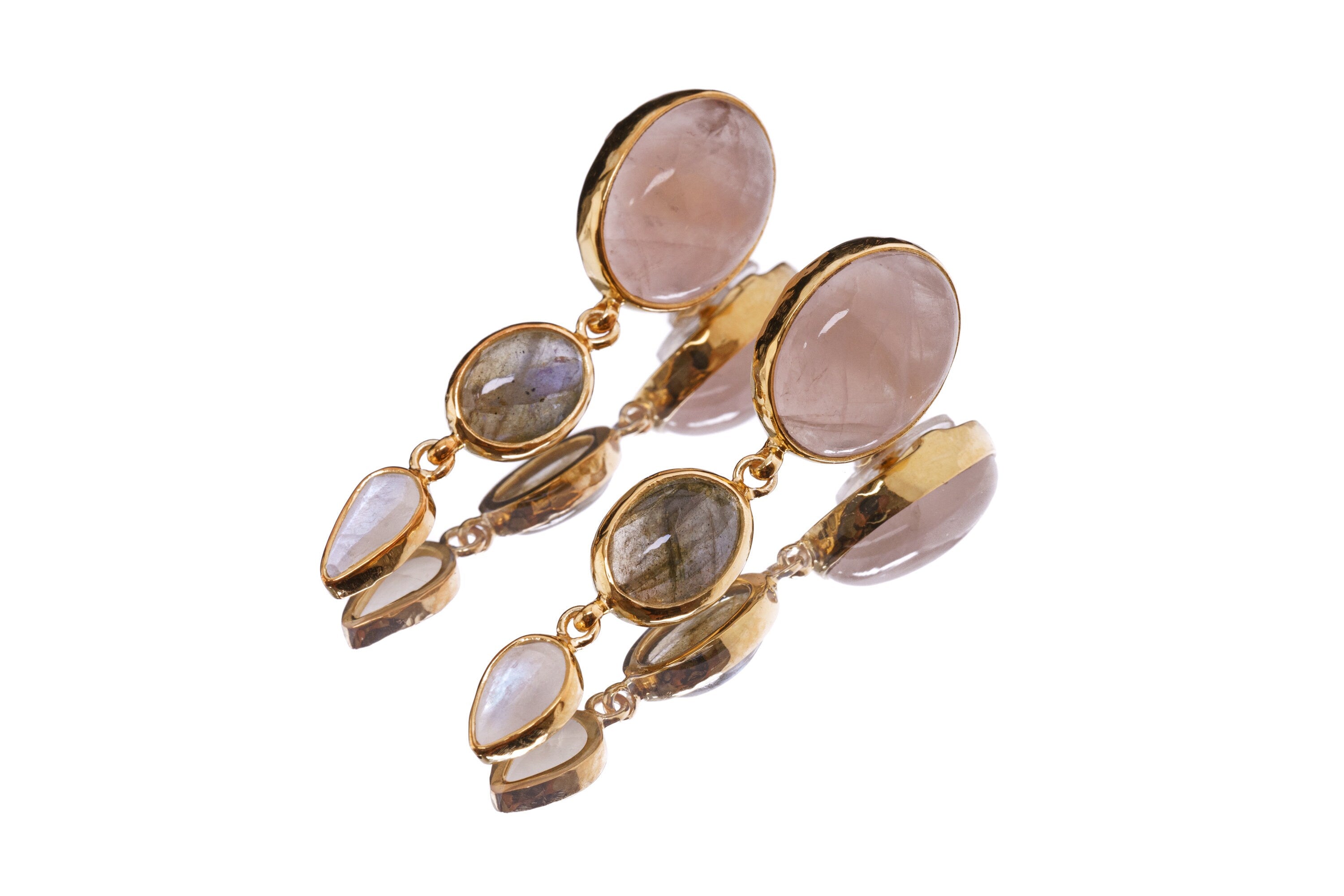 Rose Quartz, Rainbow Labradorite & Blue Moonstone - Gold Plated Sterling Silver- Freeform Dangling Earring Studs