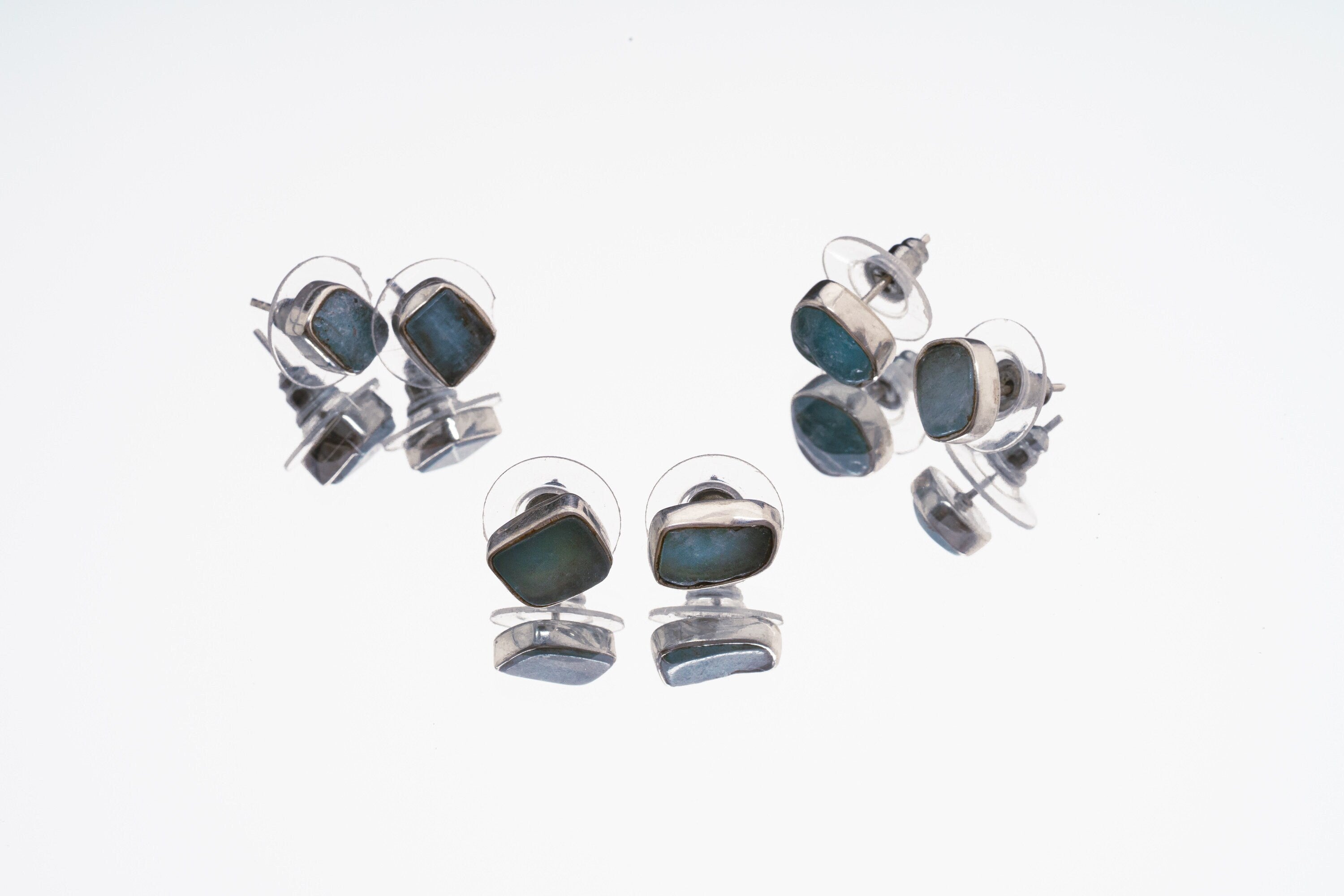 Organic shaped Gem Aquamarine Pair- Sterling Silver - Polished Finish - Freeform Earring Studs