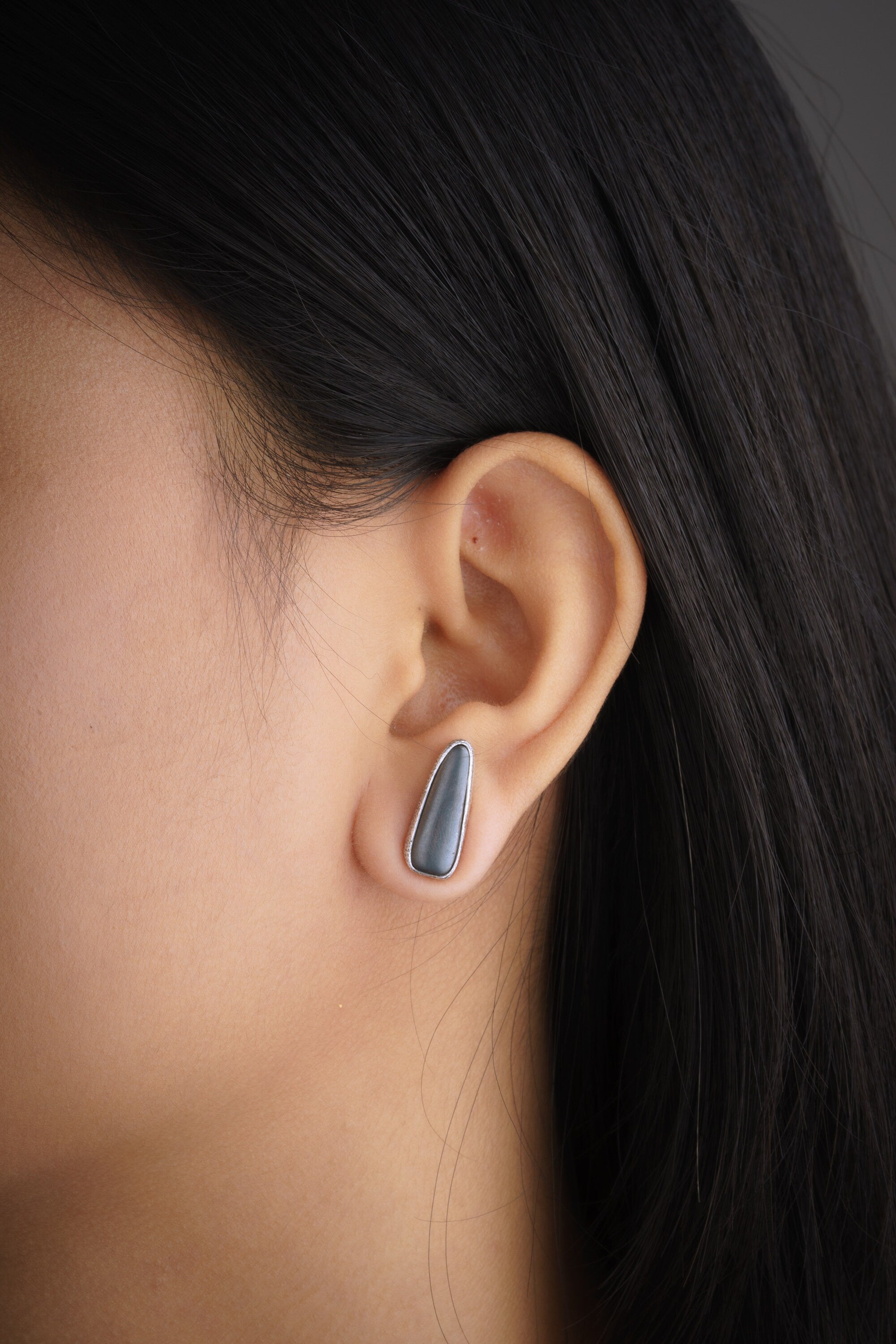 Hematite Stud- Textured Finish - organic shaped Pair - Sterling Silver - Freeform Earring Studs