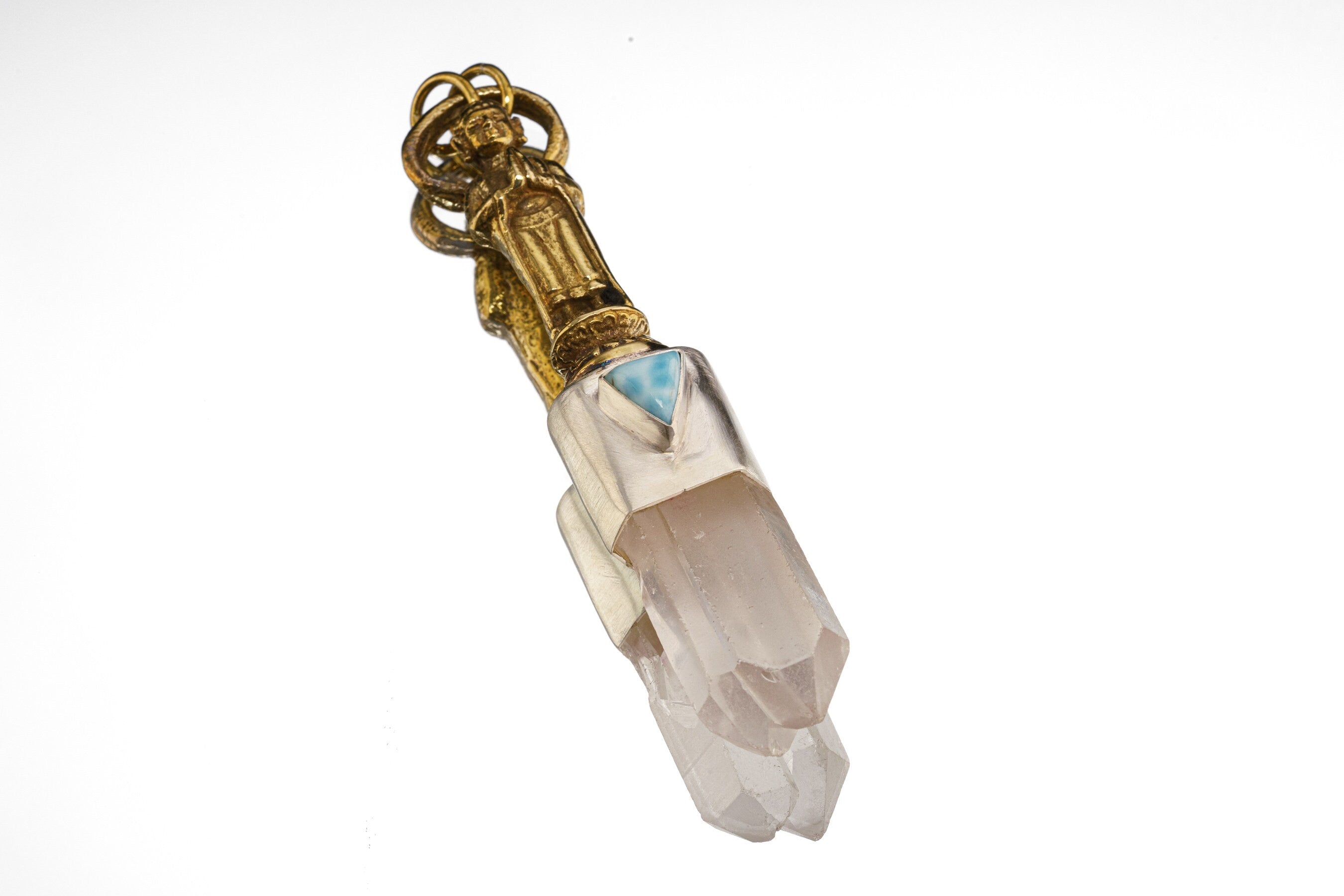Clear Double Terminated Twin Stacked Quartz & Larimar - Brushed Sterling Silver - Brass Cast Big Bali Buddha - Crystal Pendant