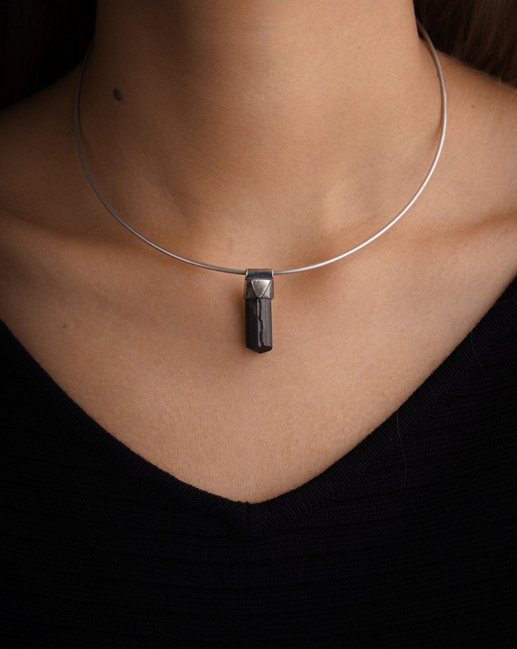 Black Tourmaline Terminated SPECIMEN - Stack Pendant -Textured & Oxidised - 925 Sterling Silver - Crystal Necklace