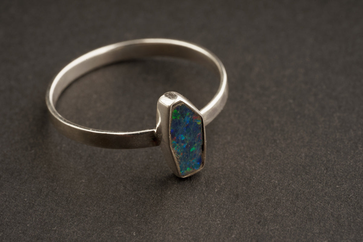 Black Australian Opal Doublet - Size 6 US - Sterling Silver Ring Band & Setting