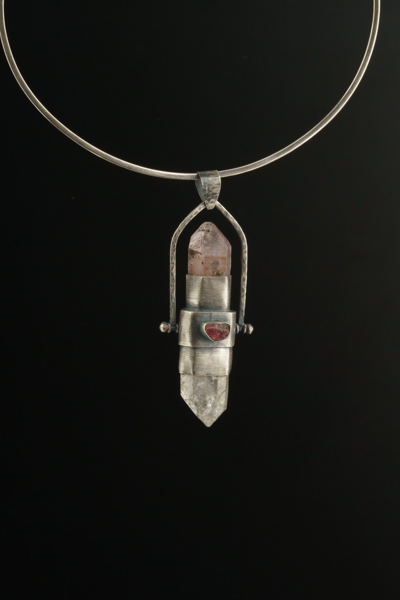 Himalayan & Vera Cruz Record Keeper Quartz with Pink Tourmaline / Faceted Ethiopian Opal - Textured Sterling Silver - Spinning Pendant