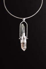 Ocean Kyanite & Smoky Copper Rutile Quartz Point with Pink Tourmaline / Faceted Ethiopian Opal - Textured Sterling Silver - Spinning Pendant