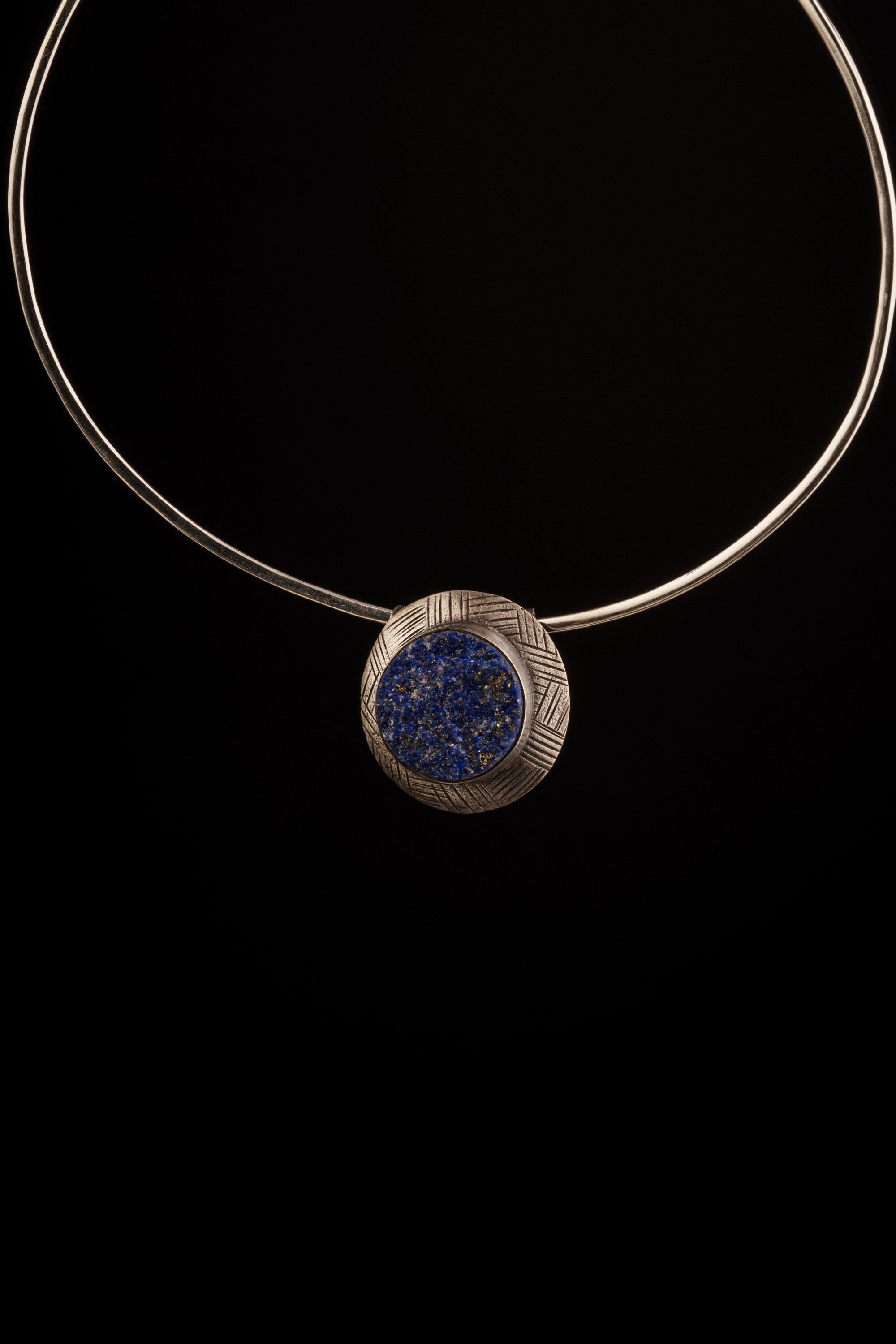 Larger Raw Lapis Lazuli Circle Cab on Crisscrossed Shield - Stack Pendant textured & oxidised - 925 sterling silver - Crystal Necklace