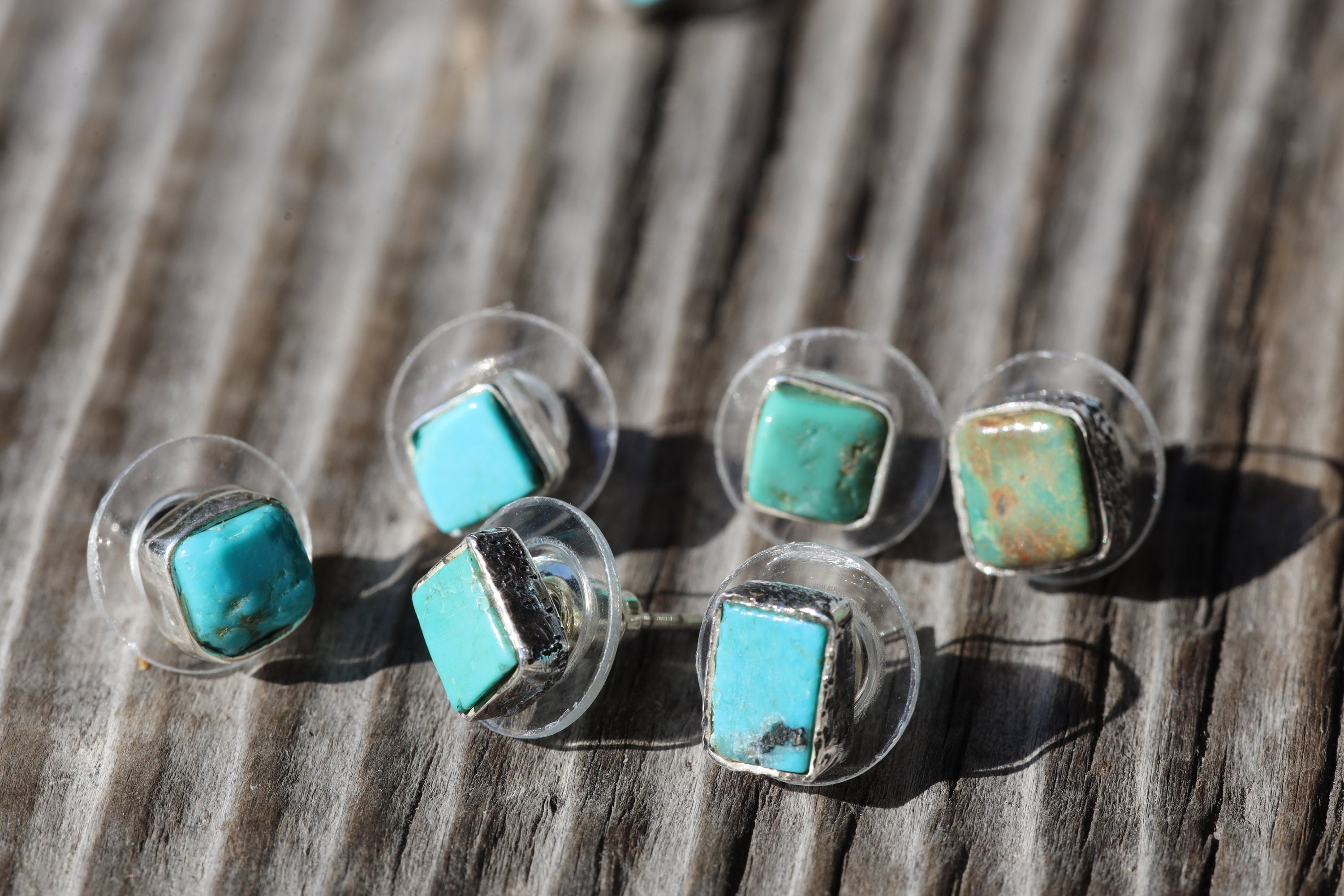 Turquoise High Grade Old Cut American Sleeping Beauty Pair- Sterling Silver - Textured Oxidised - Freeform Earring Studs