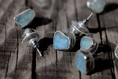 Organic shaped Gem Aquamarine Pair- Textured Finish - Sterling Silver -- Freeform Earring Studs