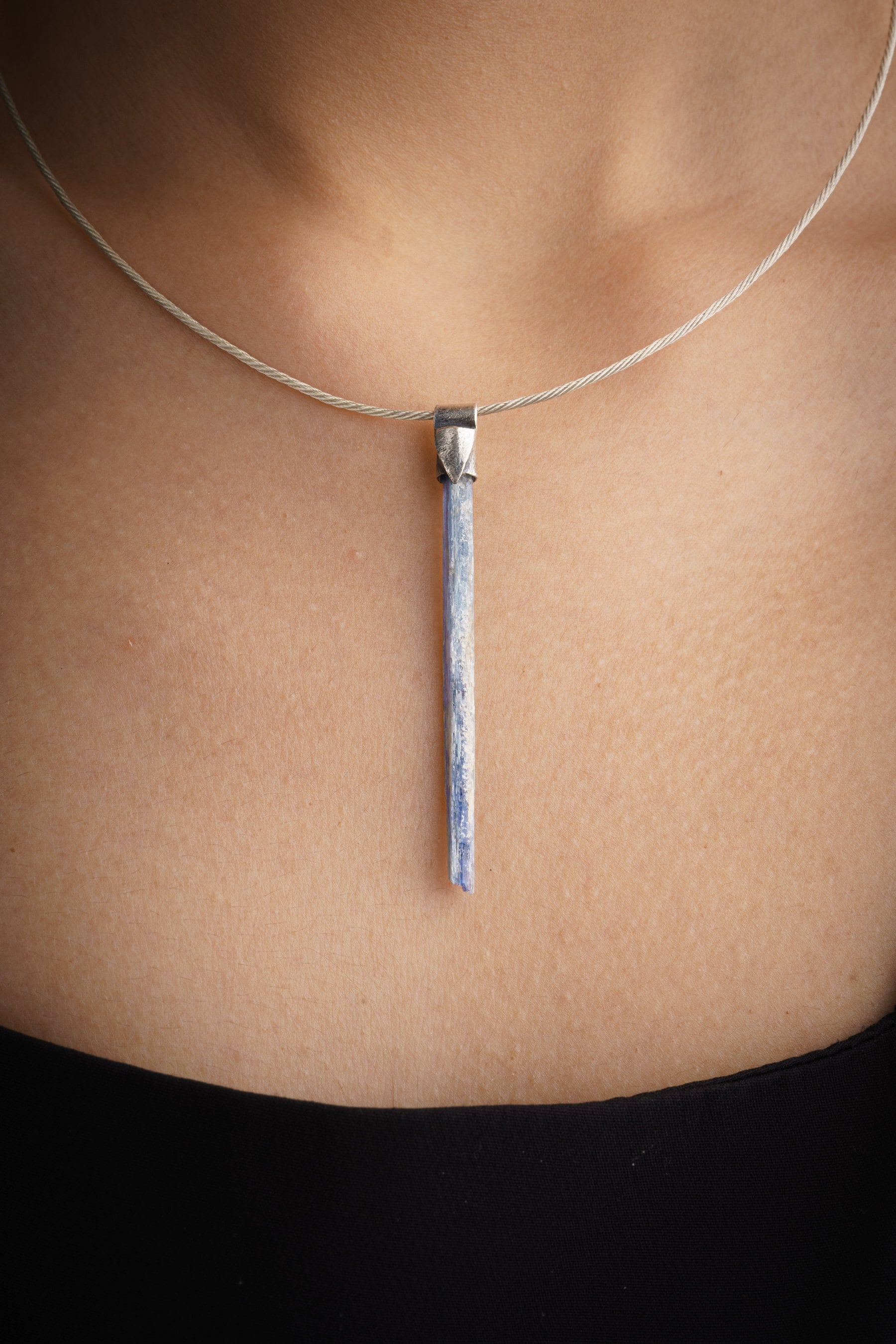 RAW Blue Kyanite Needle - Stack Pendant textured & oxidised - 925 sterling silver - Crystal Necklace