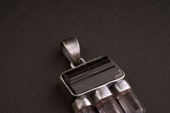 Raw Black Tourmaline , Accompanied by 3 cut Amethyst Points - Sterling Silver - Rustic Finish - Crystal Pendant