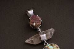 Royston Turquoise , Raw Ruby record keeper & DT Tibetan Quartz - Sterling Silver - Oxidized Brushed - Crystal Necklace