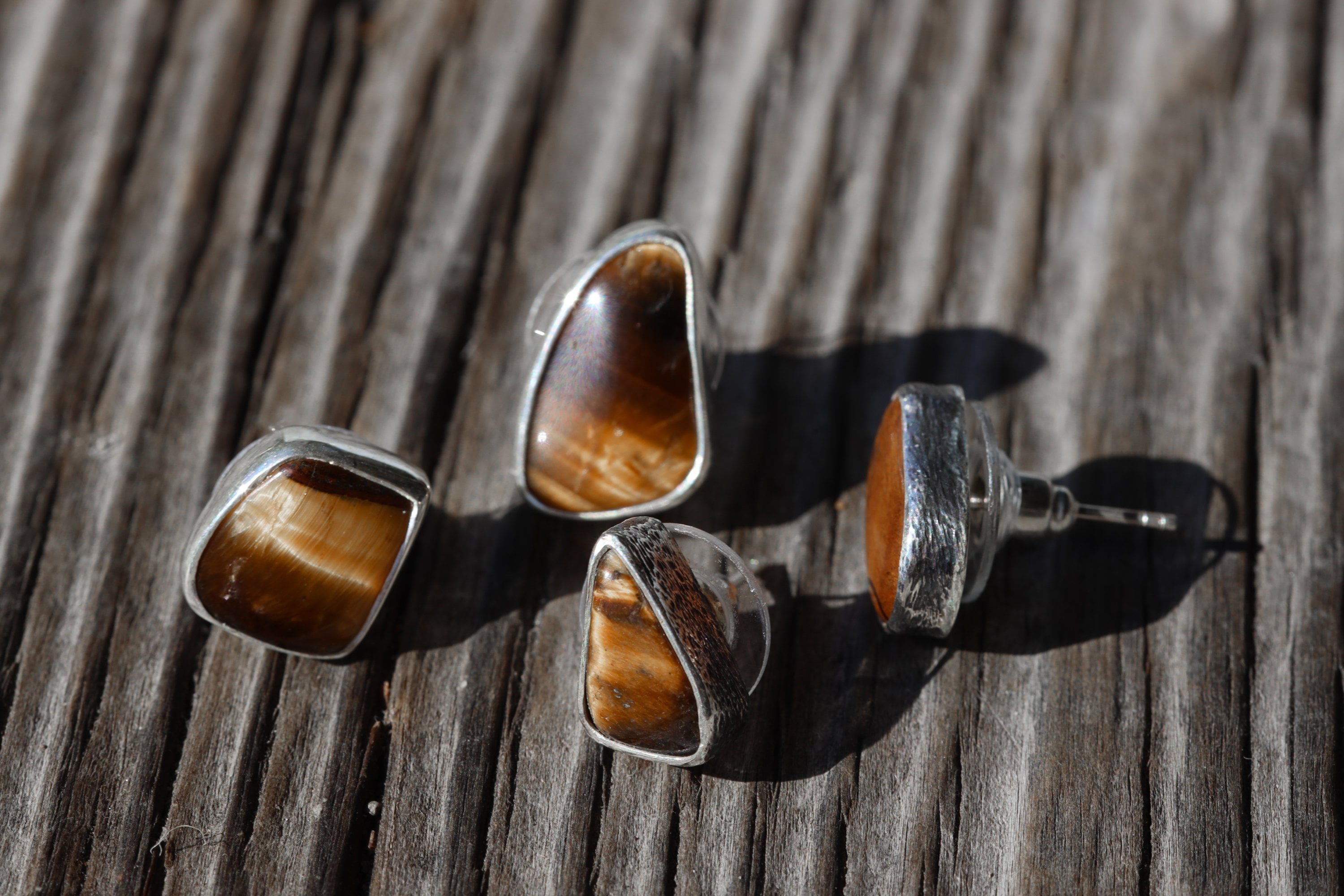 Tigers Eye Stud - organic shaped Pair- Sterling Silver - Polished Finish - Freeform Earring Studs